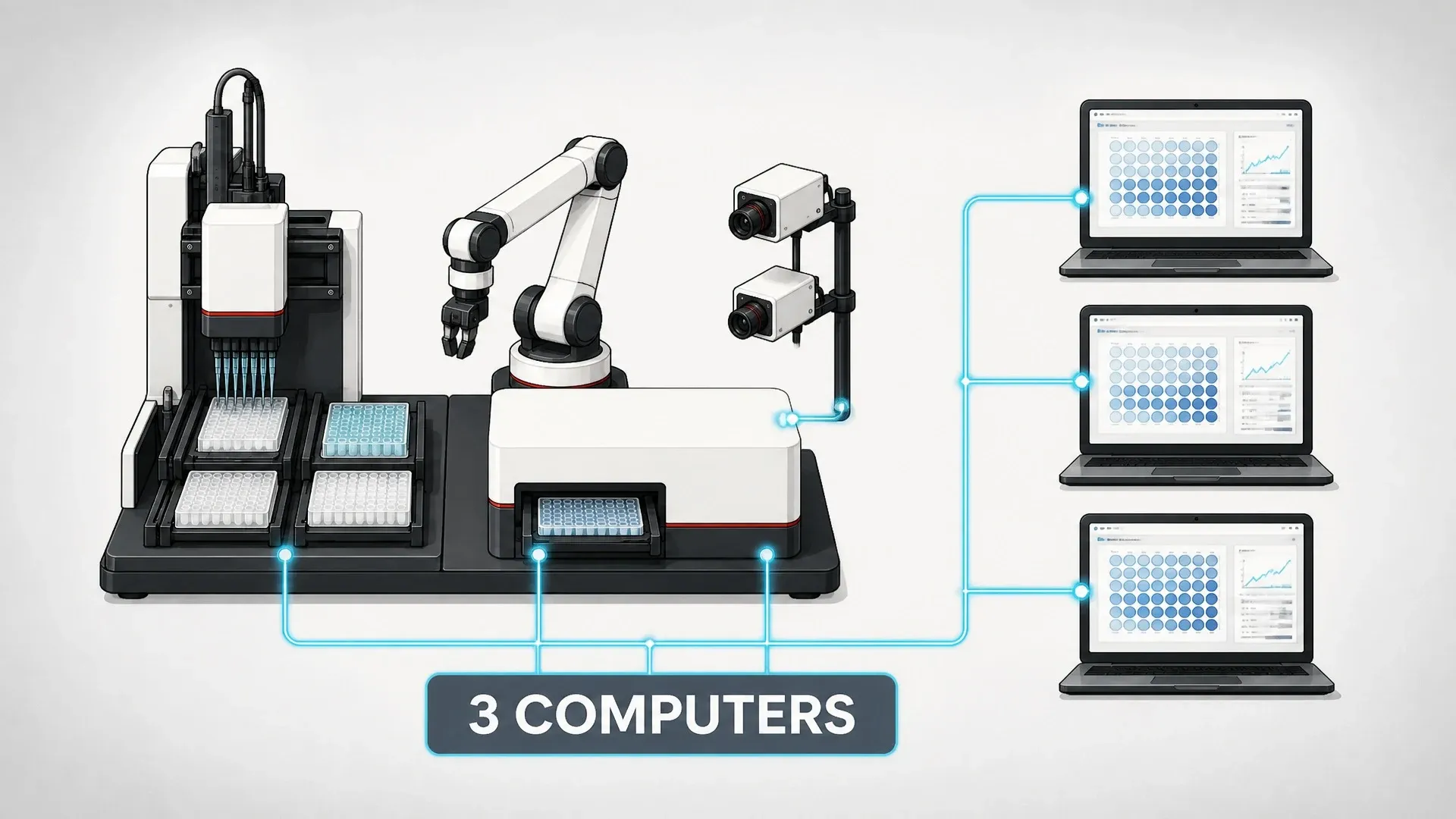 Liquid handler, robotic arm, plate reader, and cameras connected across three laboratory computers.