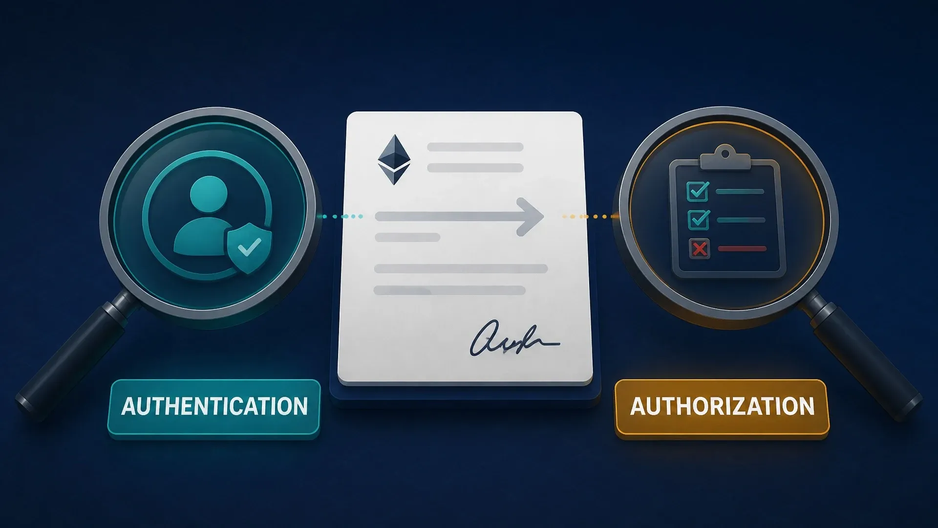 Authentication identifies the signer while authorization separately checks whether the requested transfer is permitted.