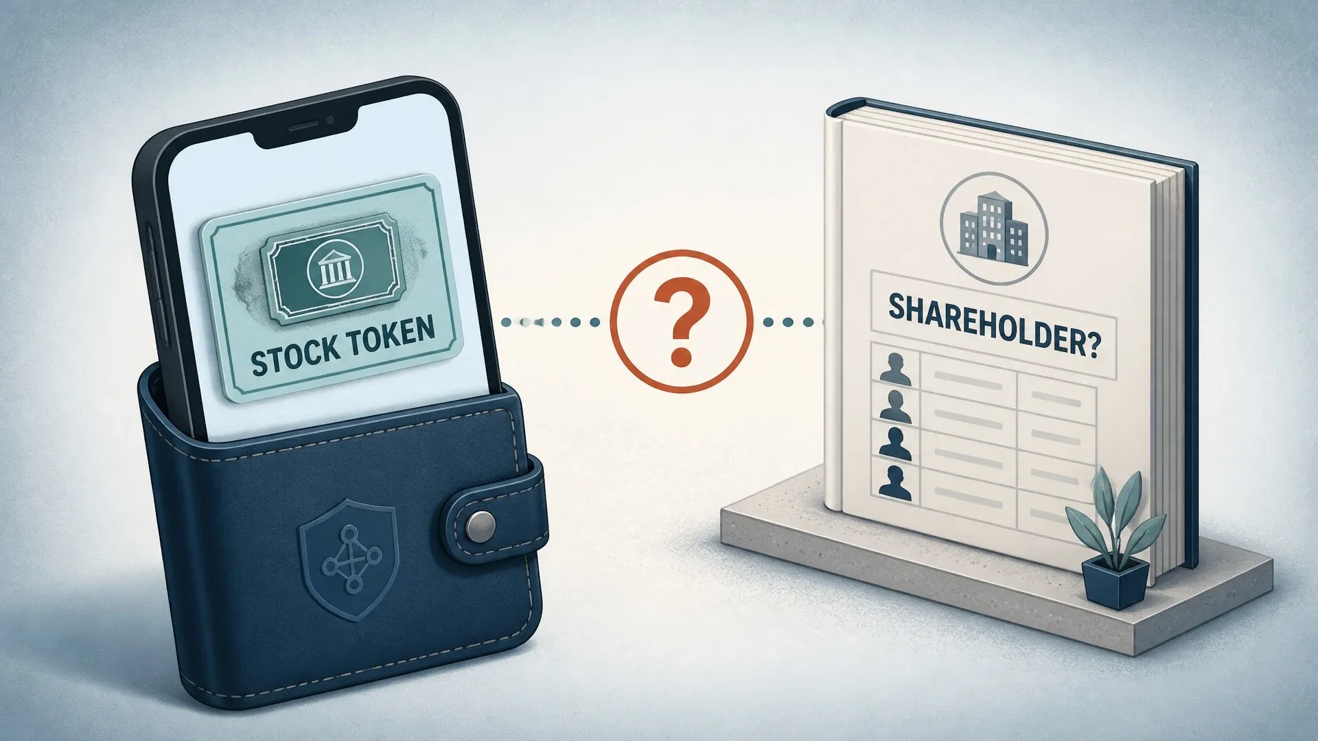 A phone wallet holding a stock token points toward an official shareholder record with a question mark between them.
