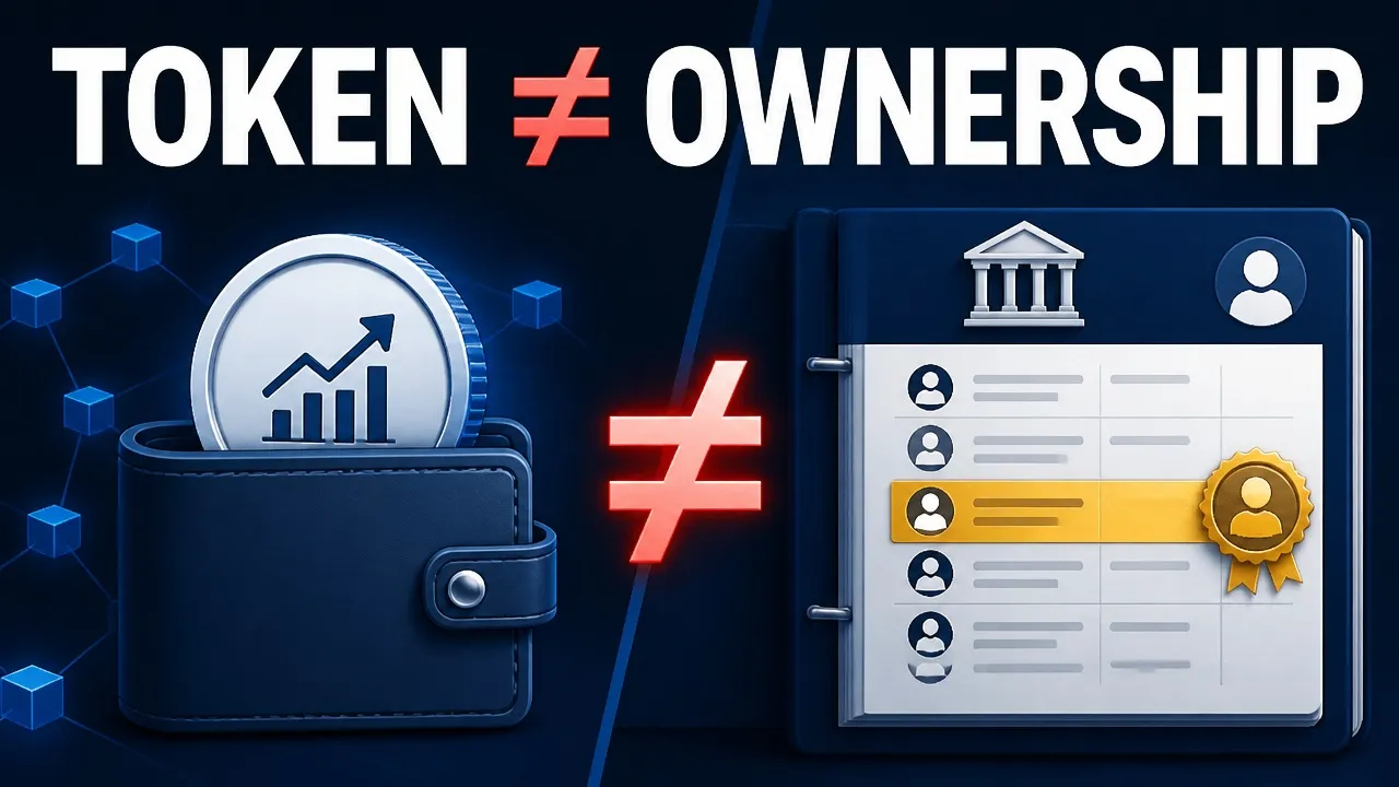 A wallet holding a stock token is separated from an official shareholder register by a red not-equal sign.