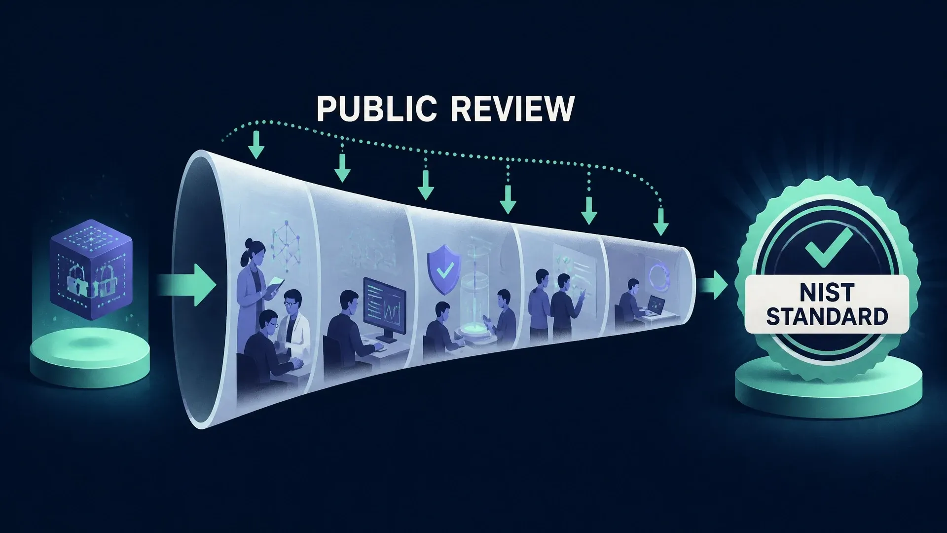 A public-review process leading to the NIST standard for ML-DSA-65 post-quantum signatures.
