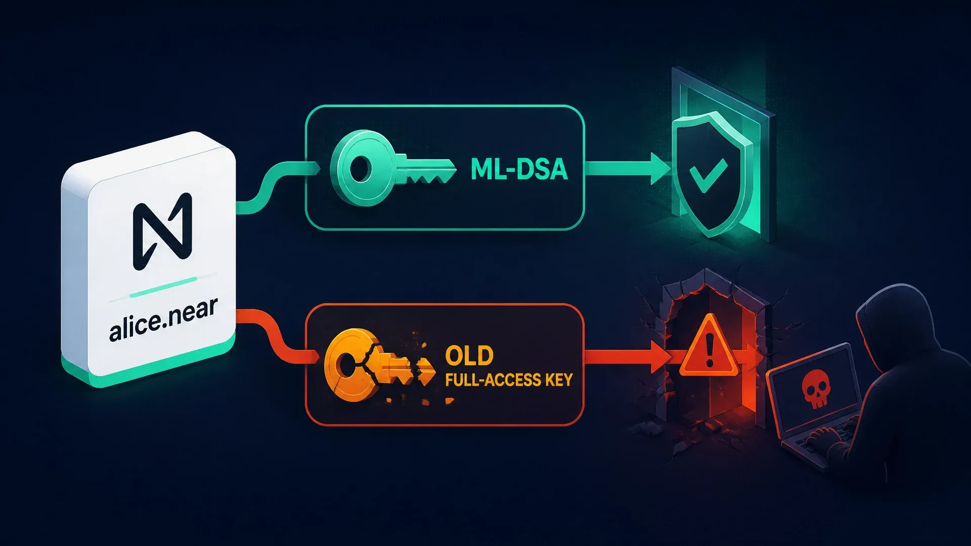A NEAR account with a green ML-DSA key and an unsafe older full-access key still attached.