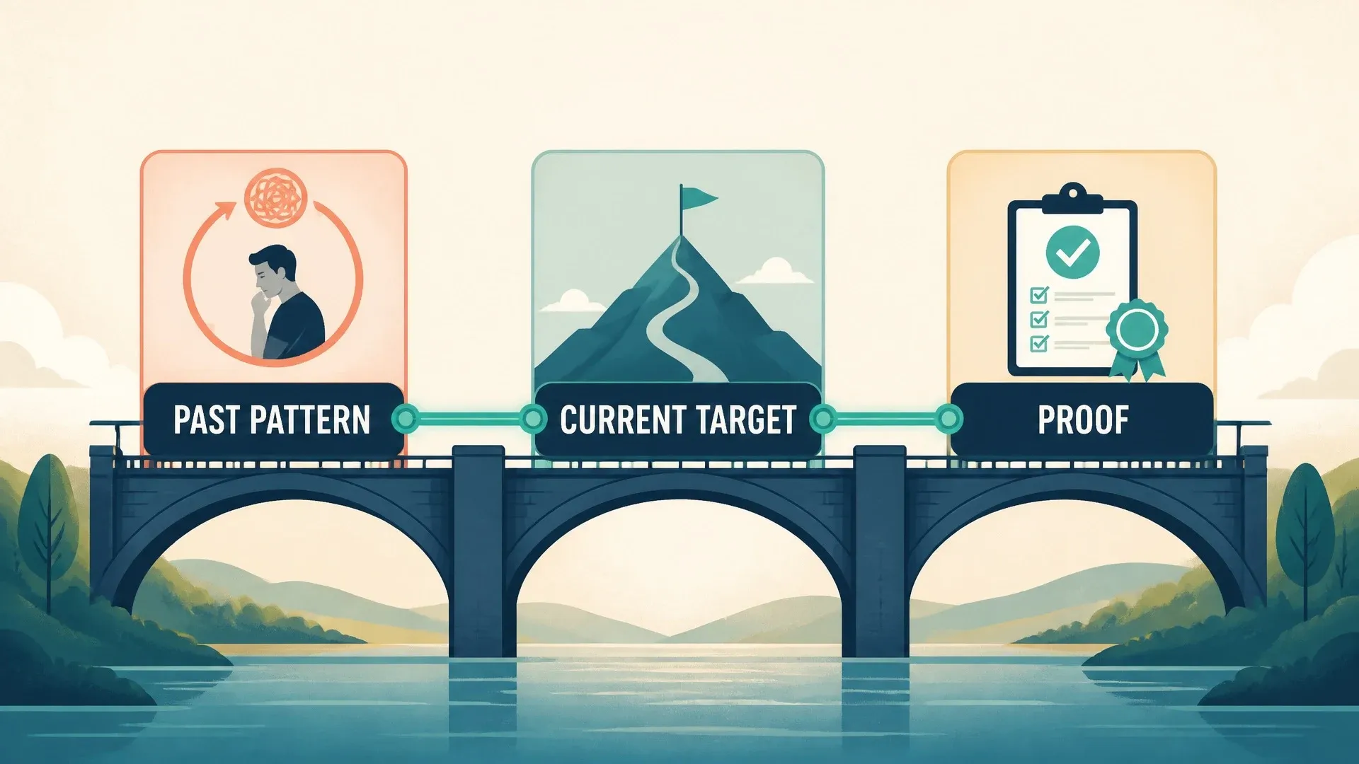Three bridge spans labeled past pattern, current target, and proof connect a career changer to a new role.