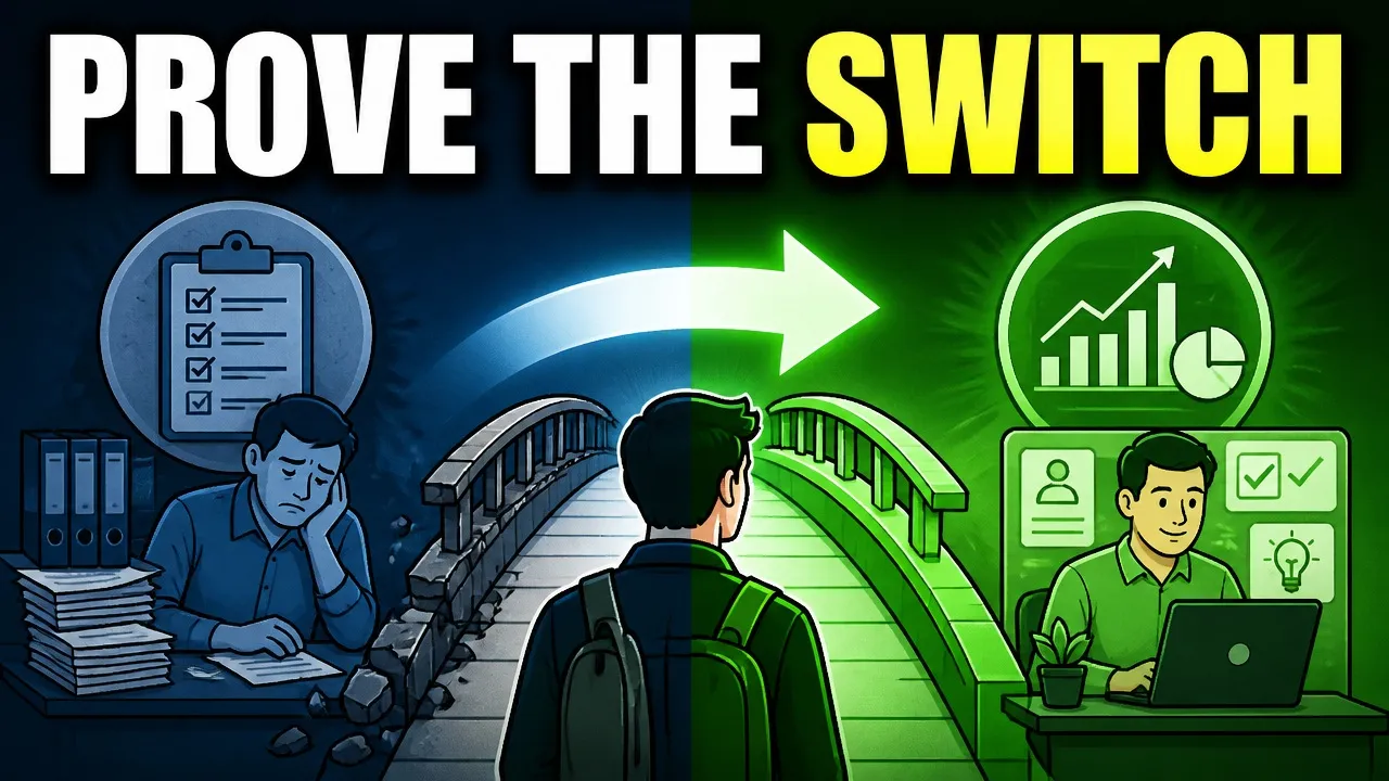 A career changer walks from an old role toward a new role across a glowing bridge under the words Prove the Switch.