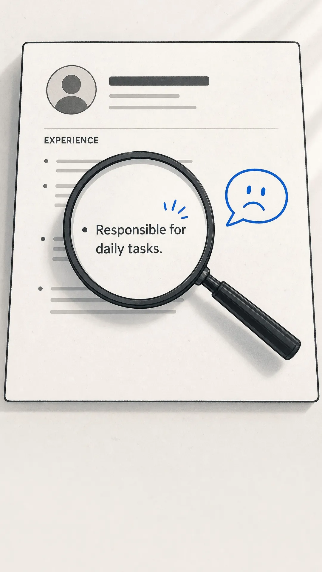 A magnifying glass highlighting a vague responsibility bullet on a resume.