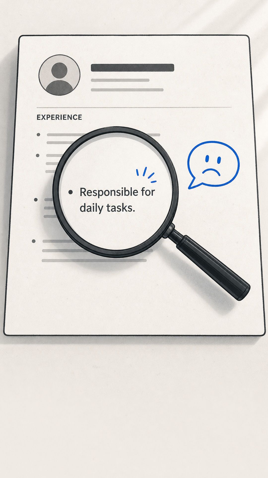 A magnifying glass highlighting a vague responsibility bullet on a resume.