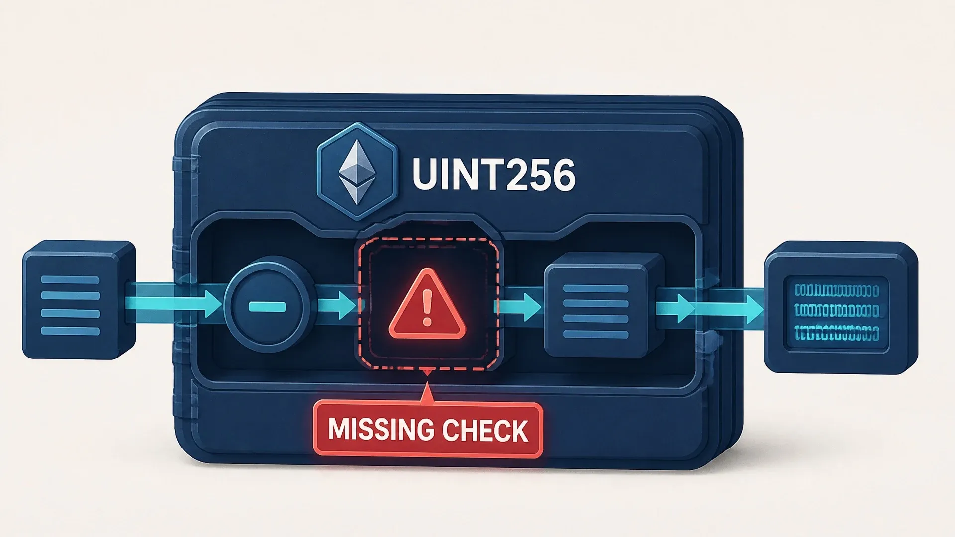 Diagram of an unsigned 256-bit subtraction passing through a missing-check warning and producing a wrapped balance.
