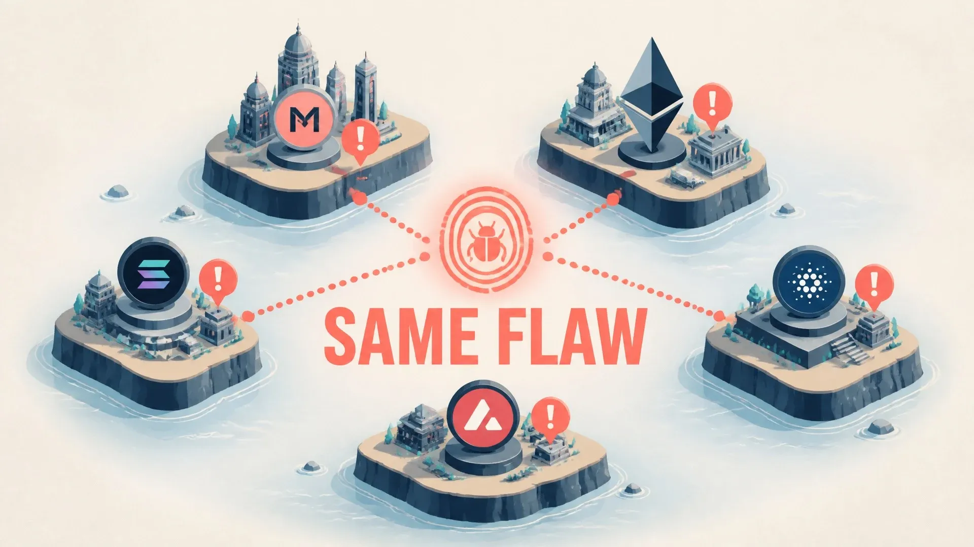 Multiple independent blockchain islands marked with alerts and connected by the words same flaw.