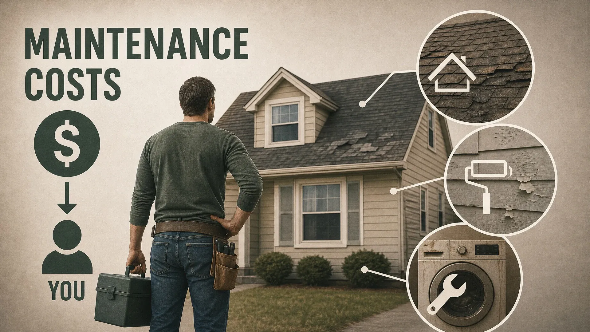 A homeowner facing a house while icons point to roof, plumbing, paint, and other maintenance costs.