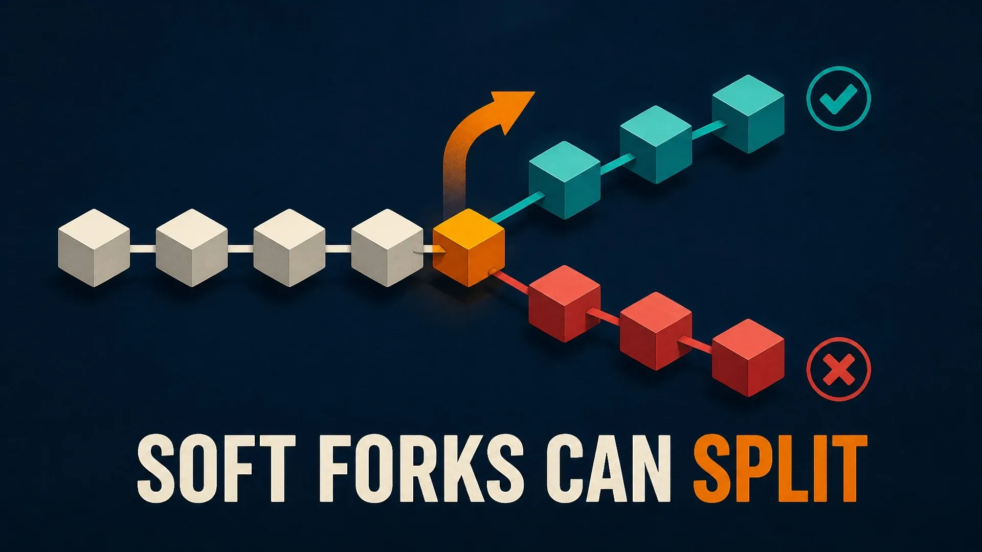 A shared Bitcoin chain dividing into accepted green blocks and rejected red blocks after a fork point.
