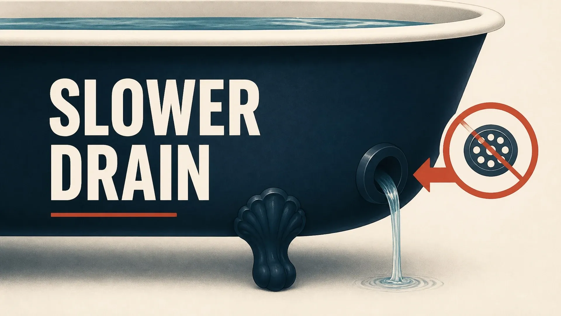 A bathtub labeled Slower Drain with water remaining while only a small stream leaves the drain.