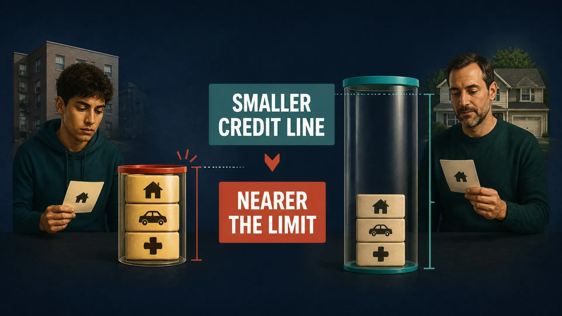 Two borrowers with different credit limits, with one much nearer the limit despite a smaller available credit line.