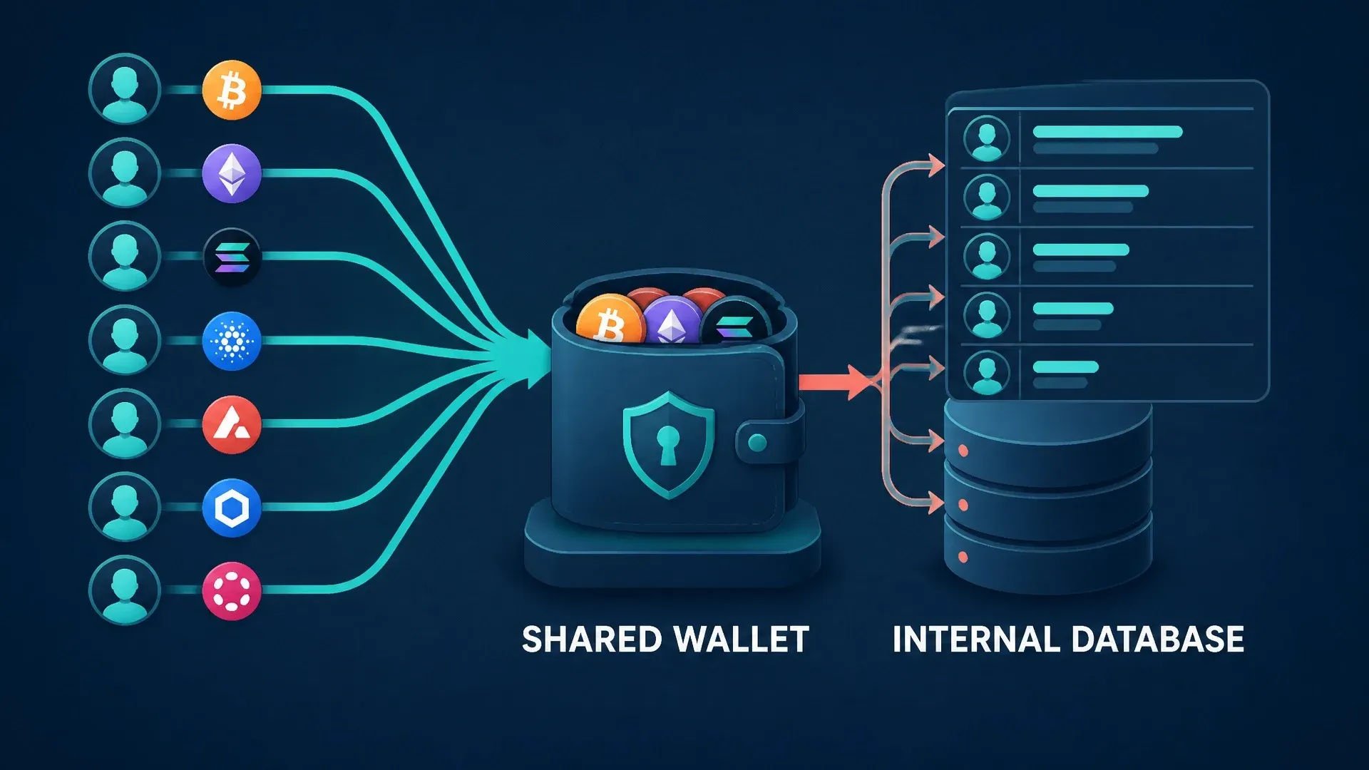 Multiple customer balances feed a shared crypto wallet while an exchange tracks ownership in an internal database.