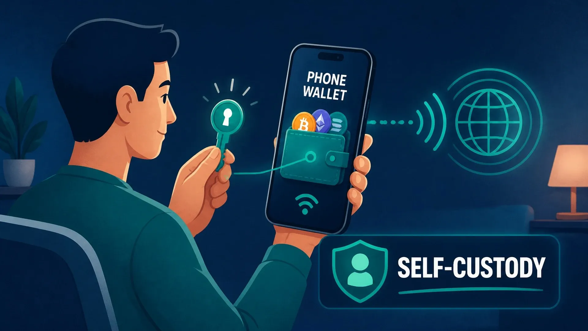 A person controls a phone wallet key directly while the device remains connected to the internet.