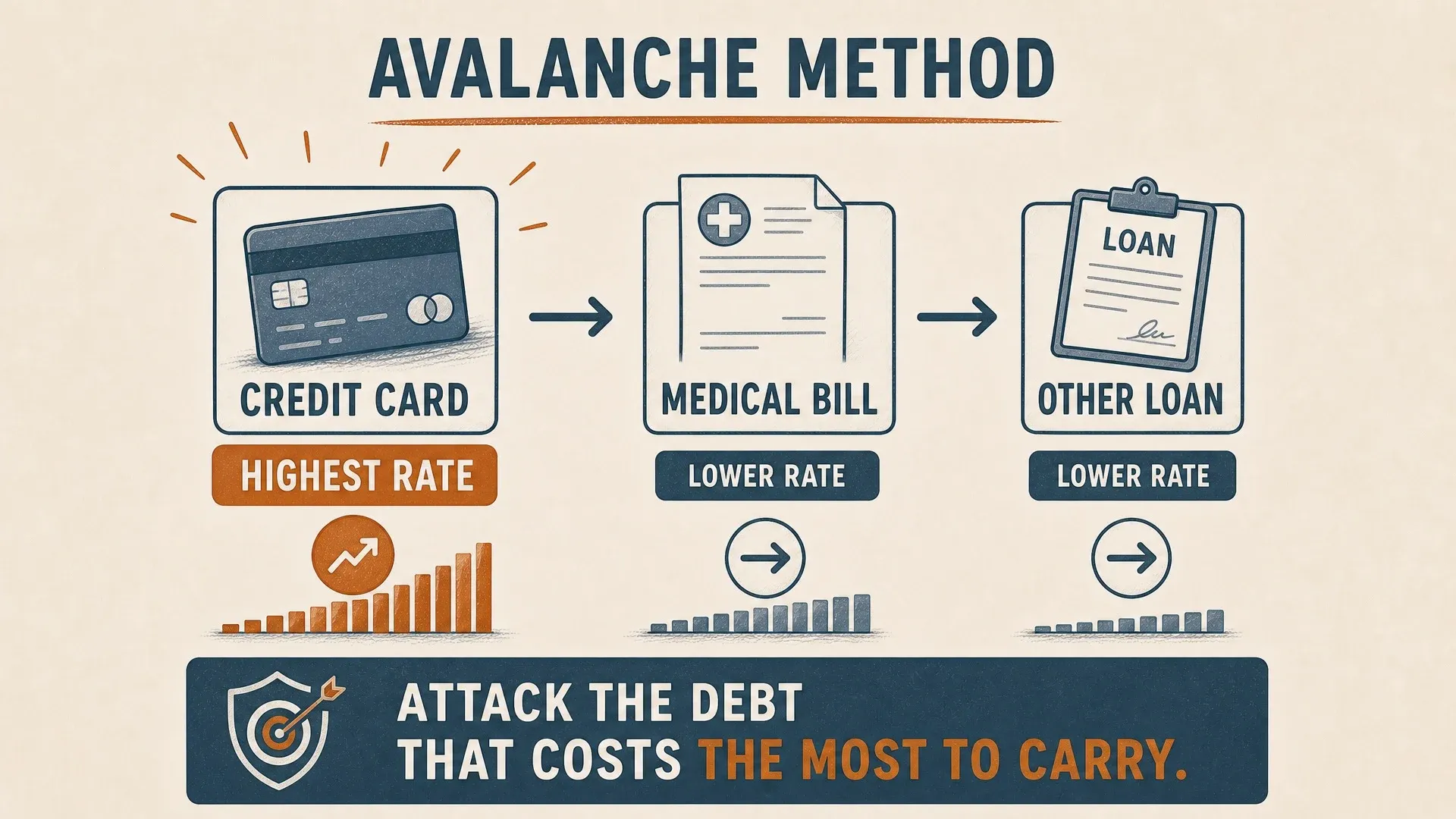 A high-rate credit card placed first in an avalanche order ahead of lower-rate medical and personal loans.