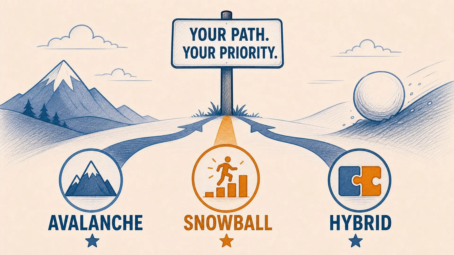 Three paths labeled Avalanche, Snowball, and Hybrid beneath the reminder Your path, your priority.