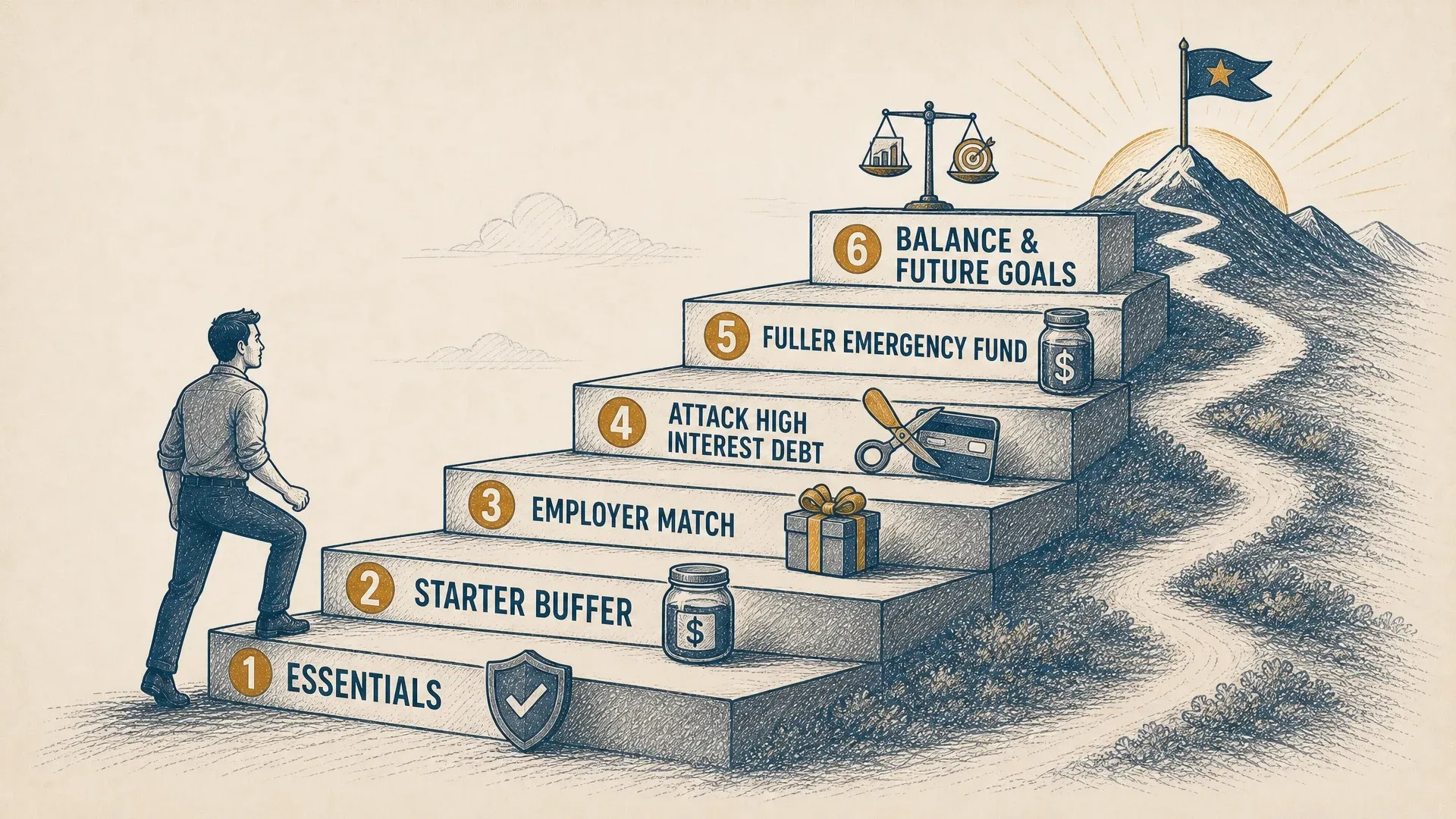 A six-step path from essentials and a starter buffer through employer matching, debt payoff, emergency savings, and future goals.