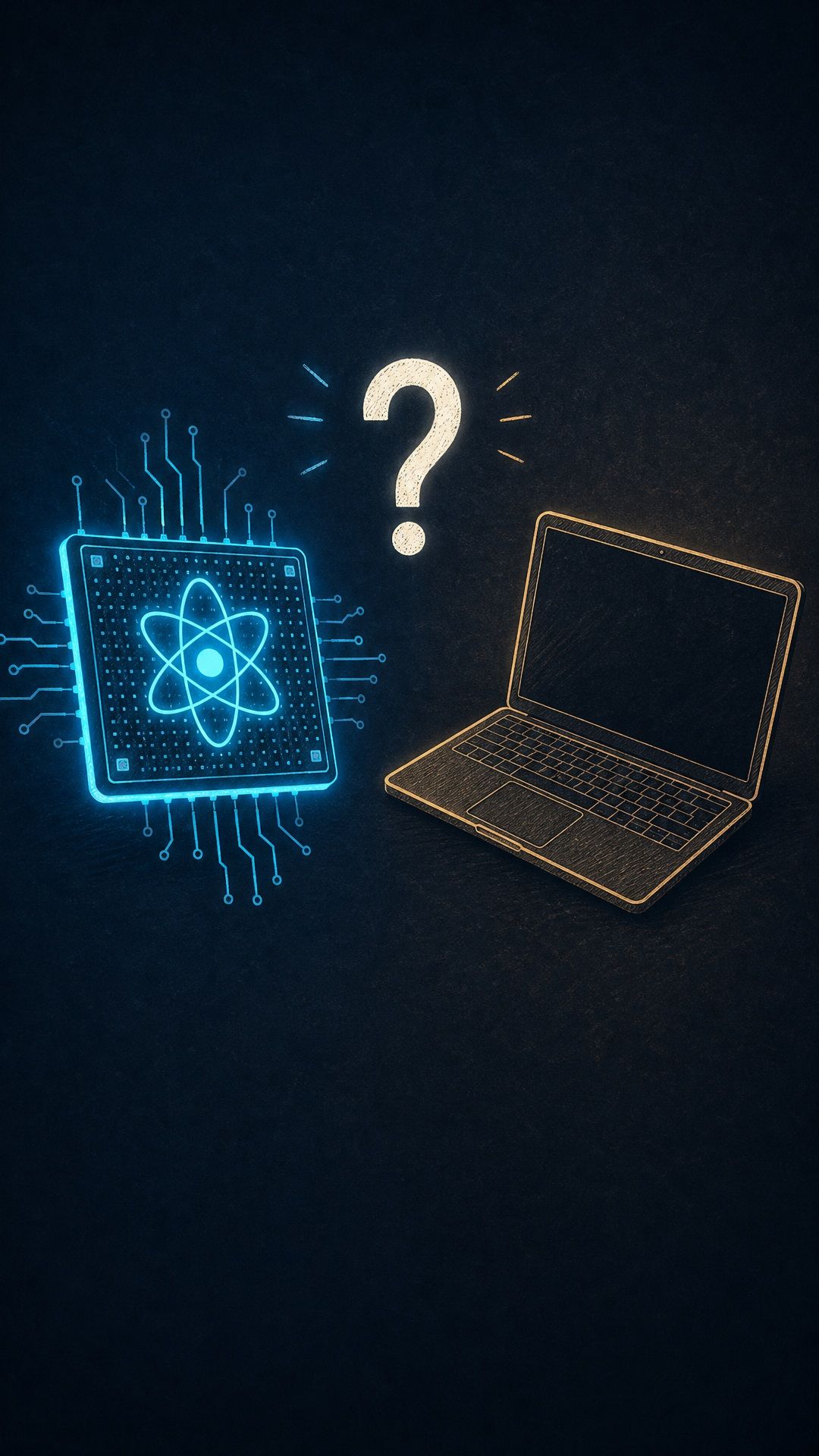 A glowing quantum chip facing a conventional laptop on a dark vertical background.