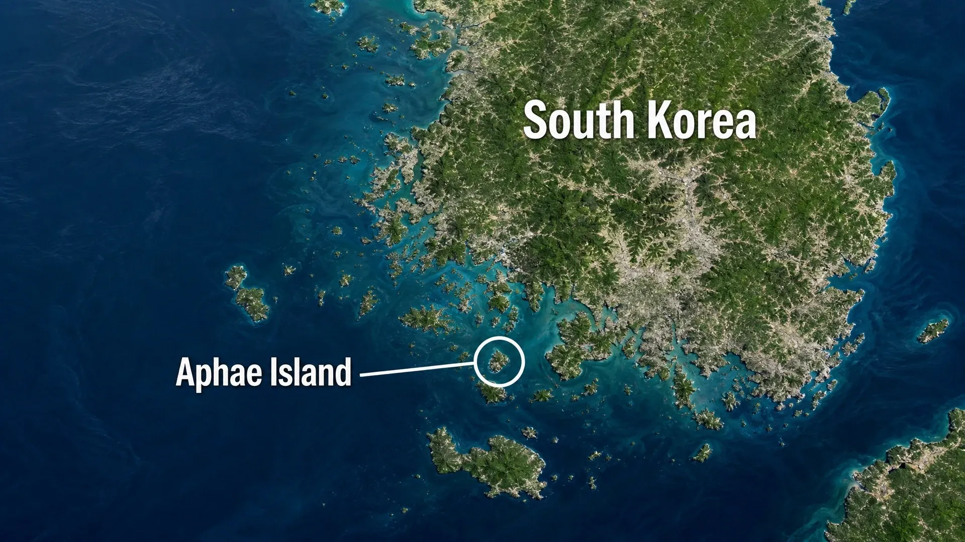 Illustrated satellite-style map of southwestern South Korea marking Aphae Island among the coastal islands.