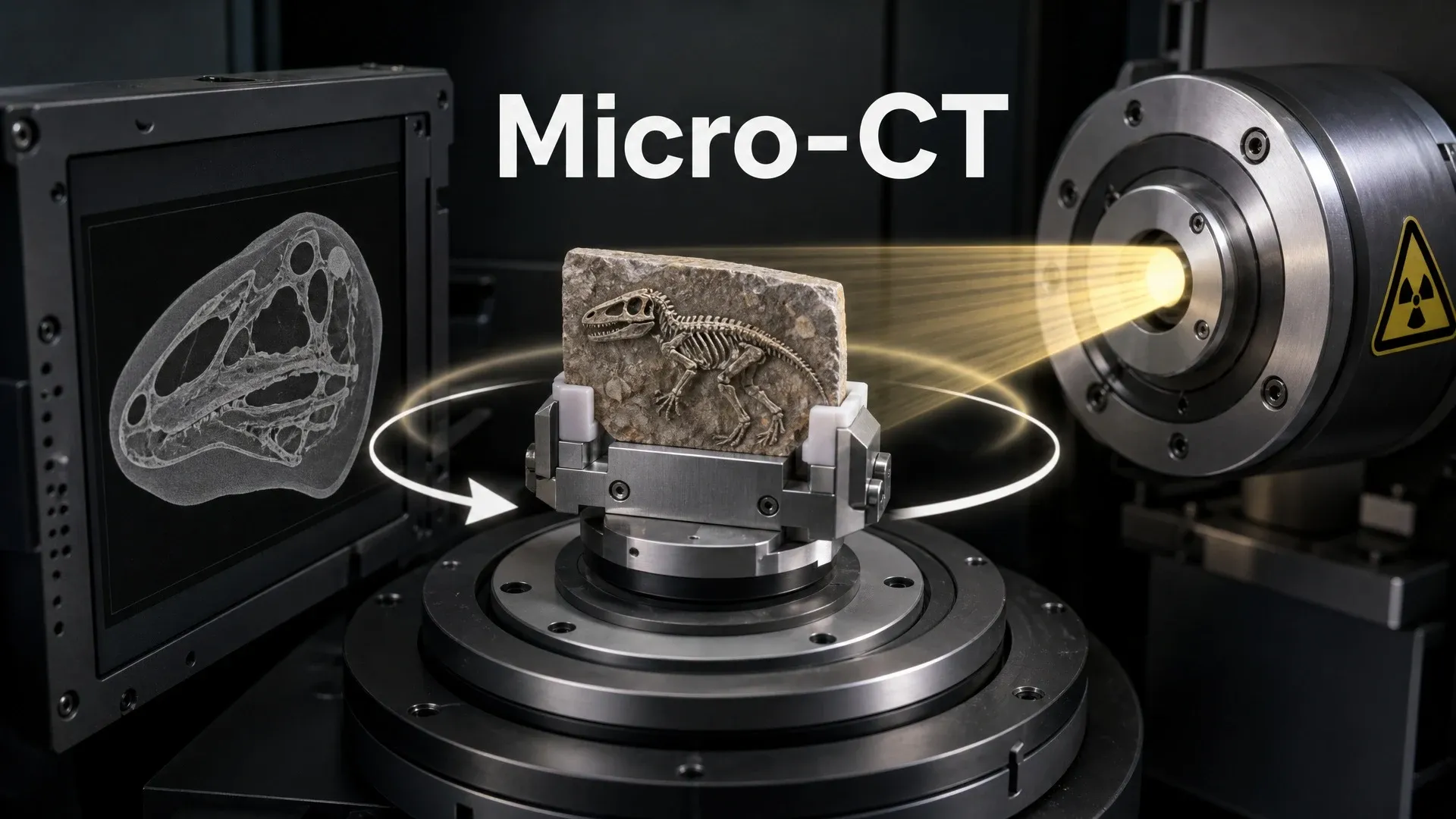 Illustrated micro-CT setup with a fossil block rotating in an X-ray beam and a digital skull slice on a monitor.
