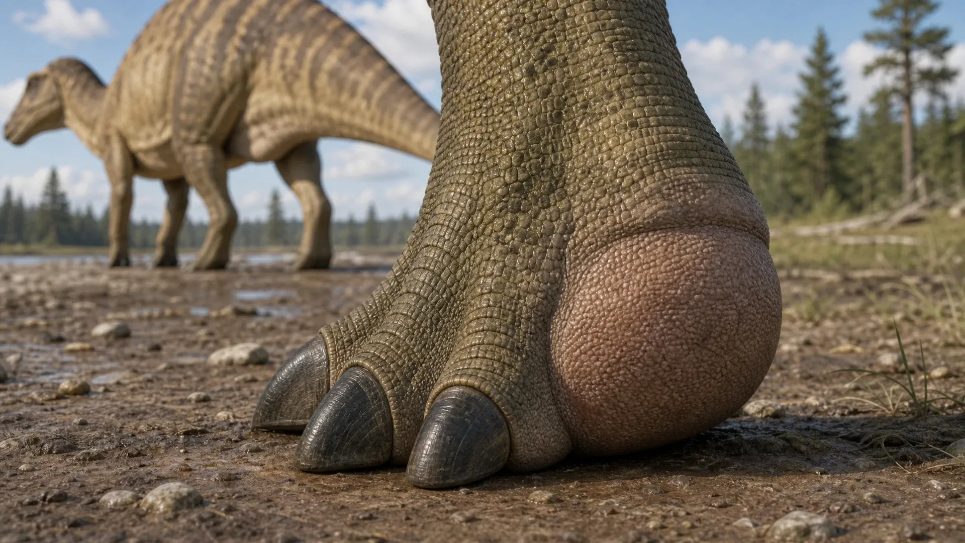Reconstructed Edmontosaurus hind foot with three broad toe coverings and a large rounded heel pad behind them.