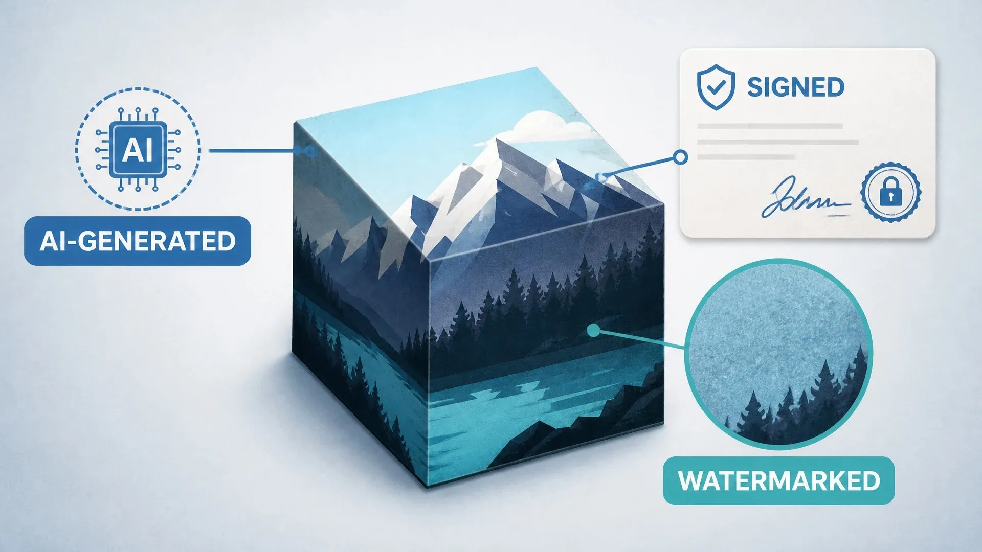 An AI-generated image cube connected to a signed credential and an invisible watermark pattern.