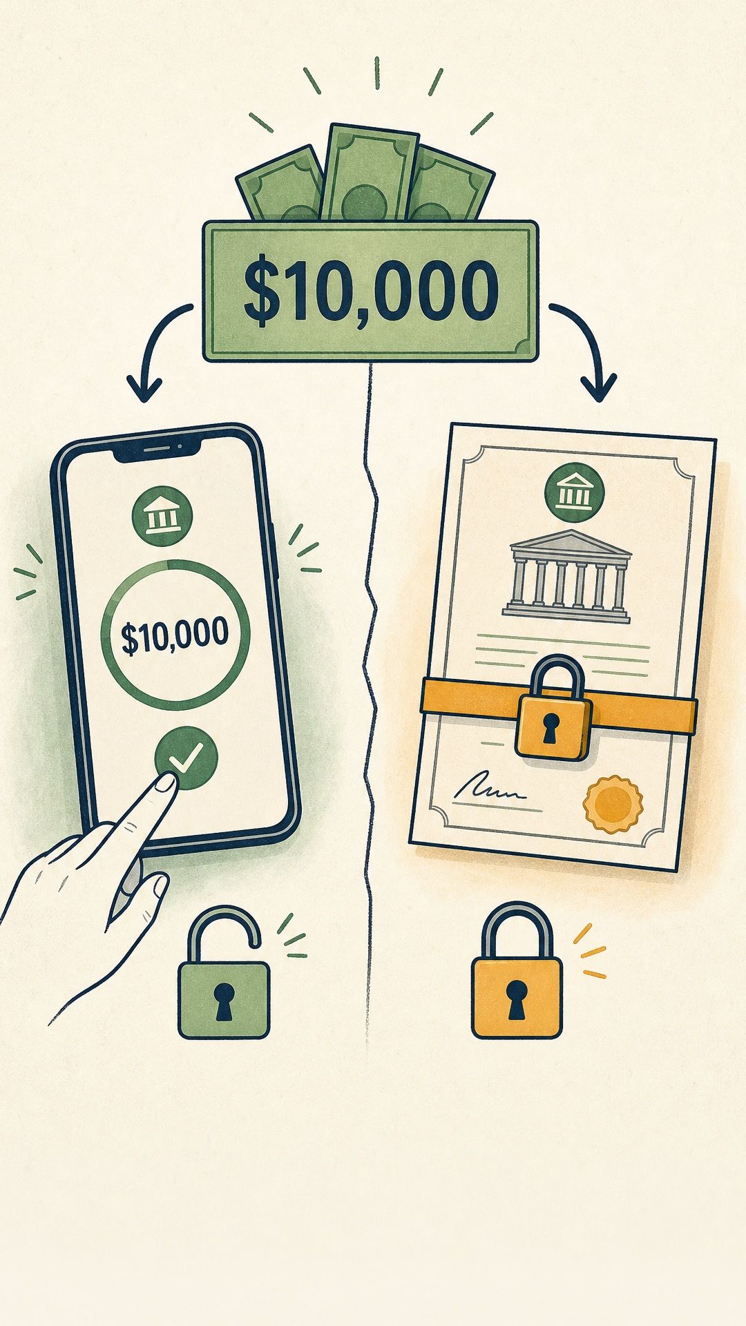 Ten thousand dollars splitting between a savings app and a locked Treasury document.
