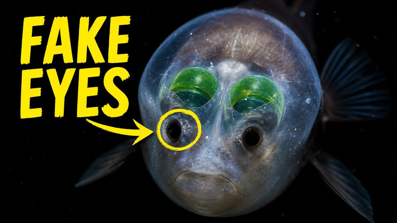 A close-up of a barreleye fish showing green tubular eyes inside its transparent head, with an arrow pointing to its false-looking face markings.