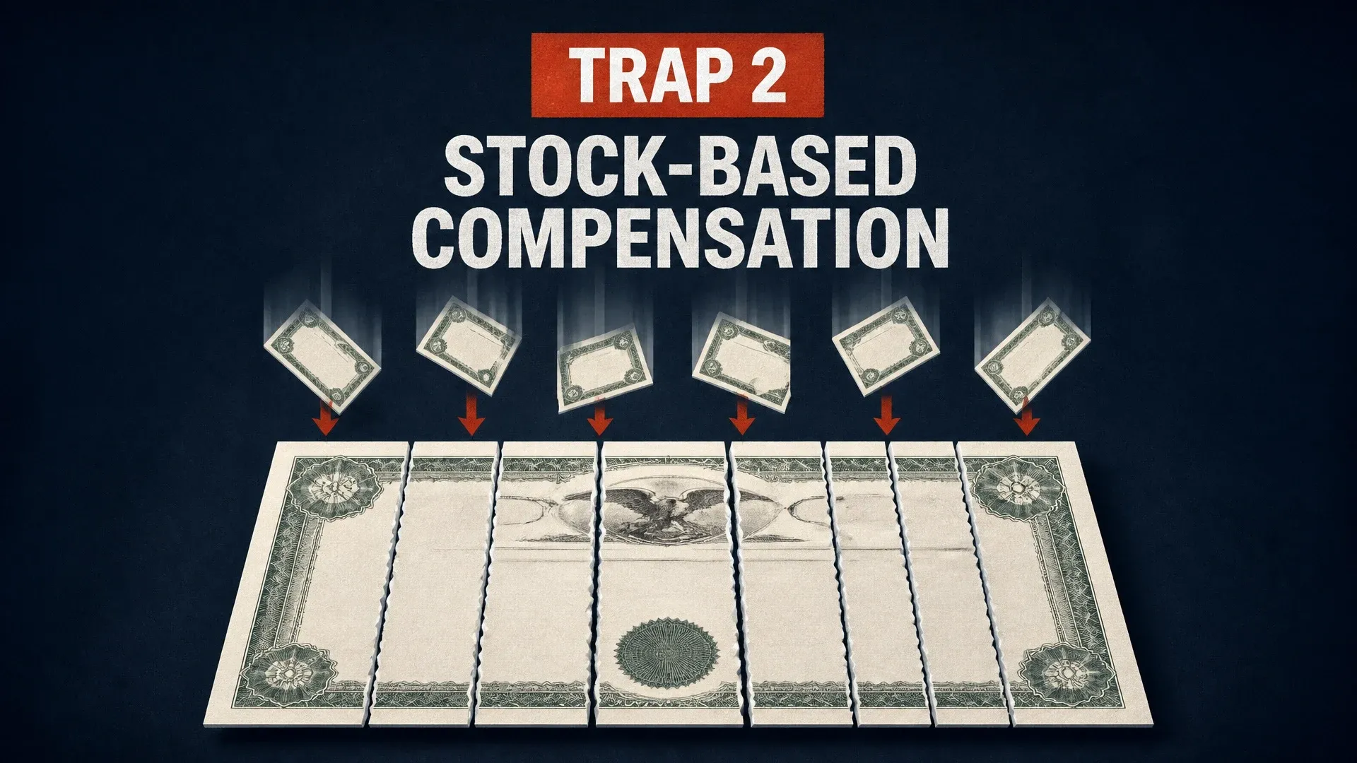 Illustration of share certificates spreading across a table beneath the label stock-based compensation.