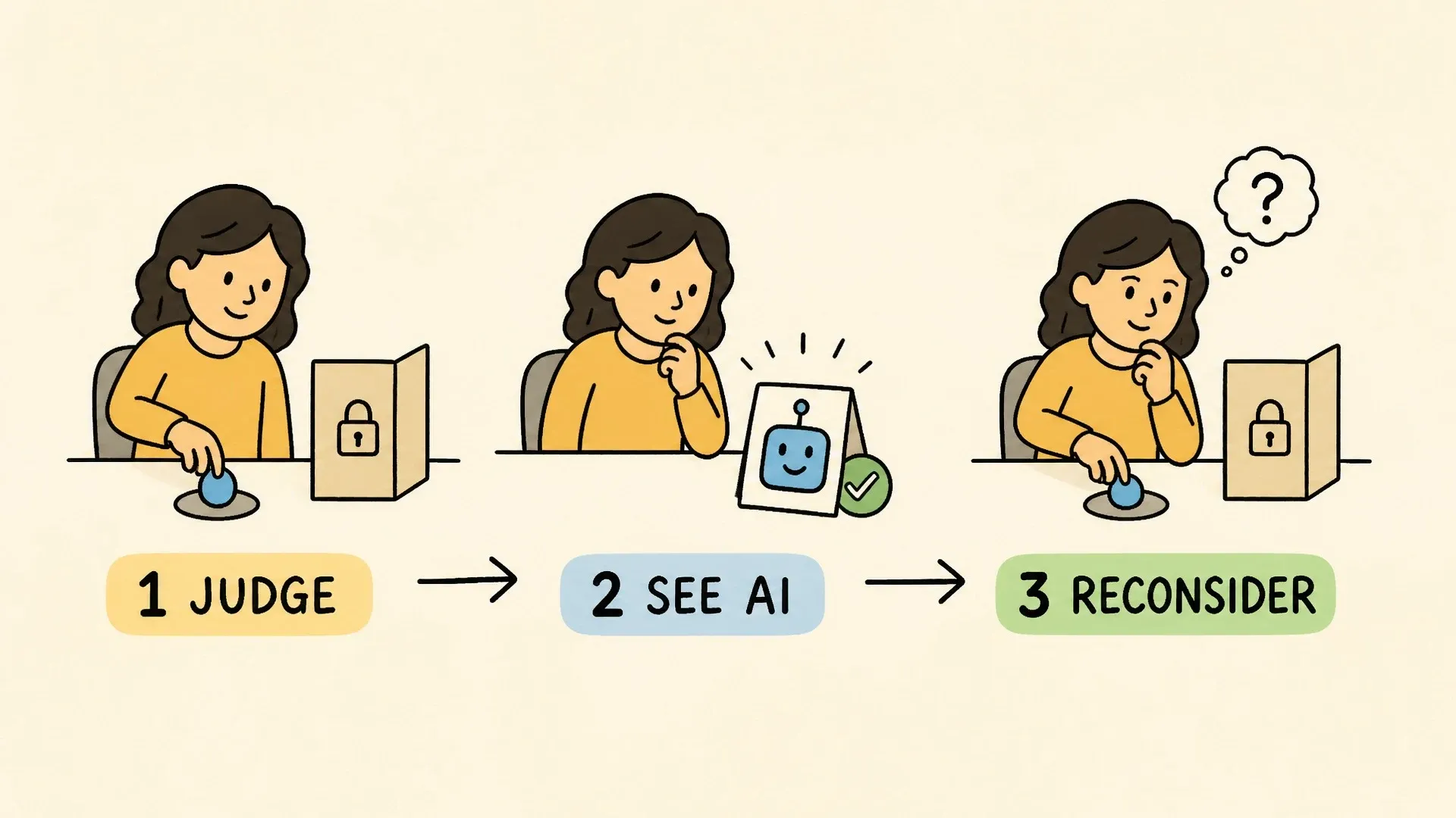 A three-step sequence shows a person judging first, seeing an AI answer, and then reconsidering the original decision.