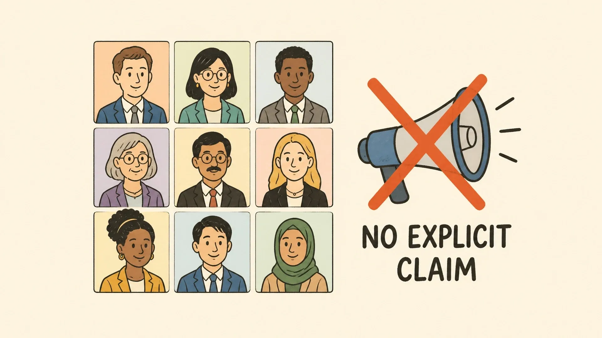 A diverse group of faces appears beside a crossed-out megaphone and the words No Explicit Claim.