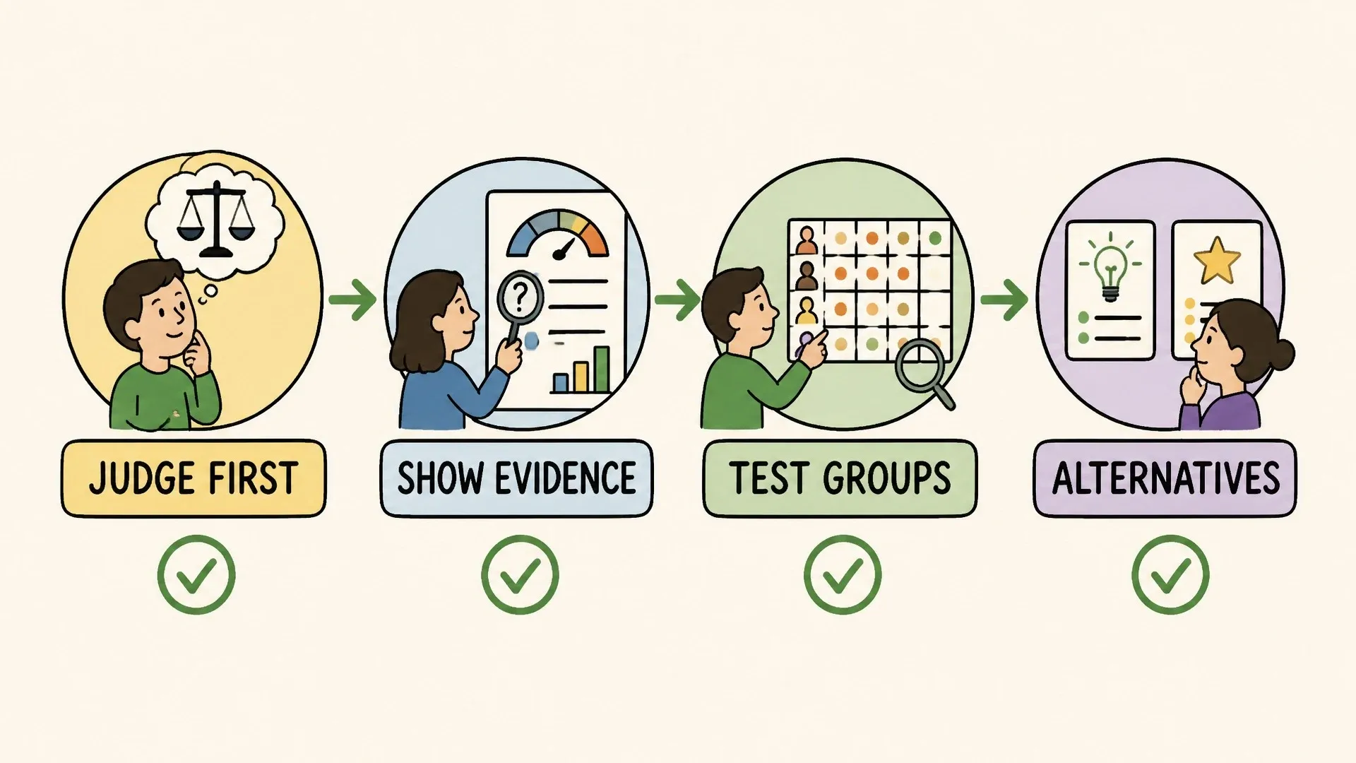 Four safeguards show judging first, displaying evidence, testing groups, and presenting credible alternatives.