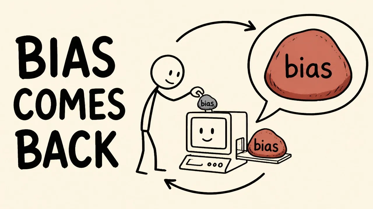 A person feeds a small bias into a smiling computer and receives a larger bias back under the words Bias Comes Back.