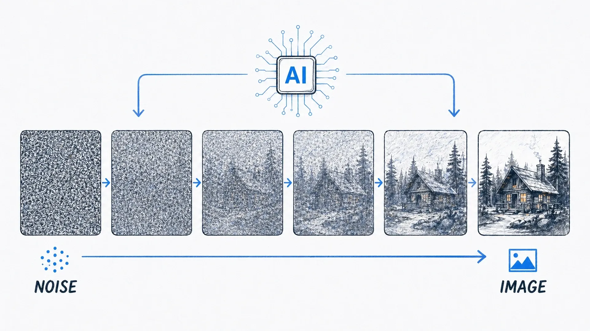 A six-frame sequence shows random static gradually becoming a detailed winter cabin scene.