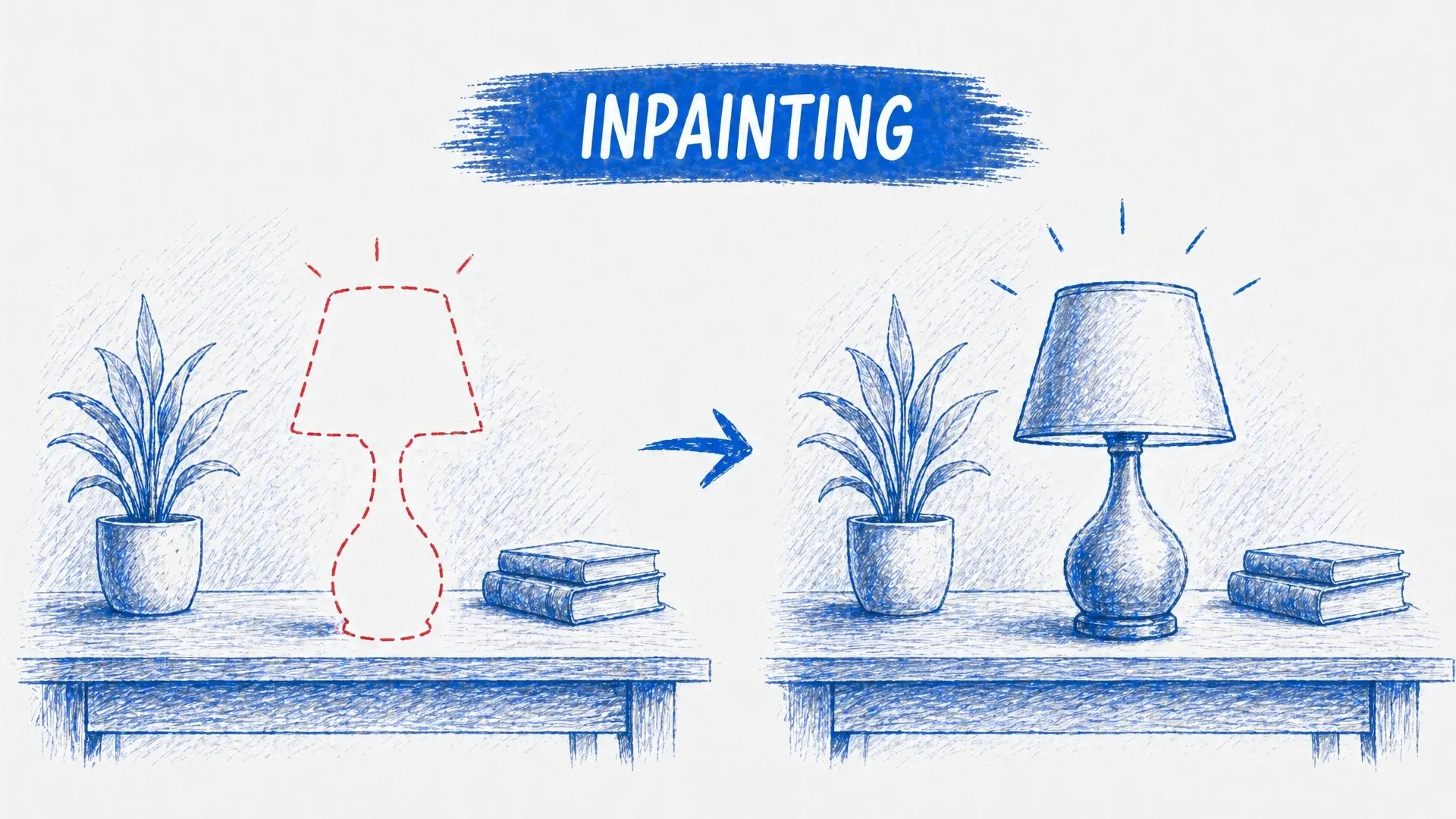 An inpainting example replaces the masked outline of a missing table lamp while leaving the surrounding desk intact.