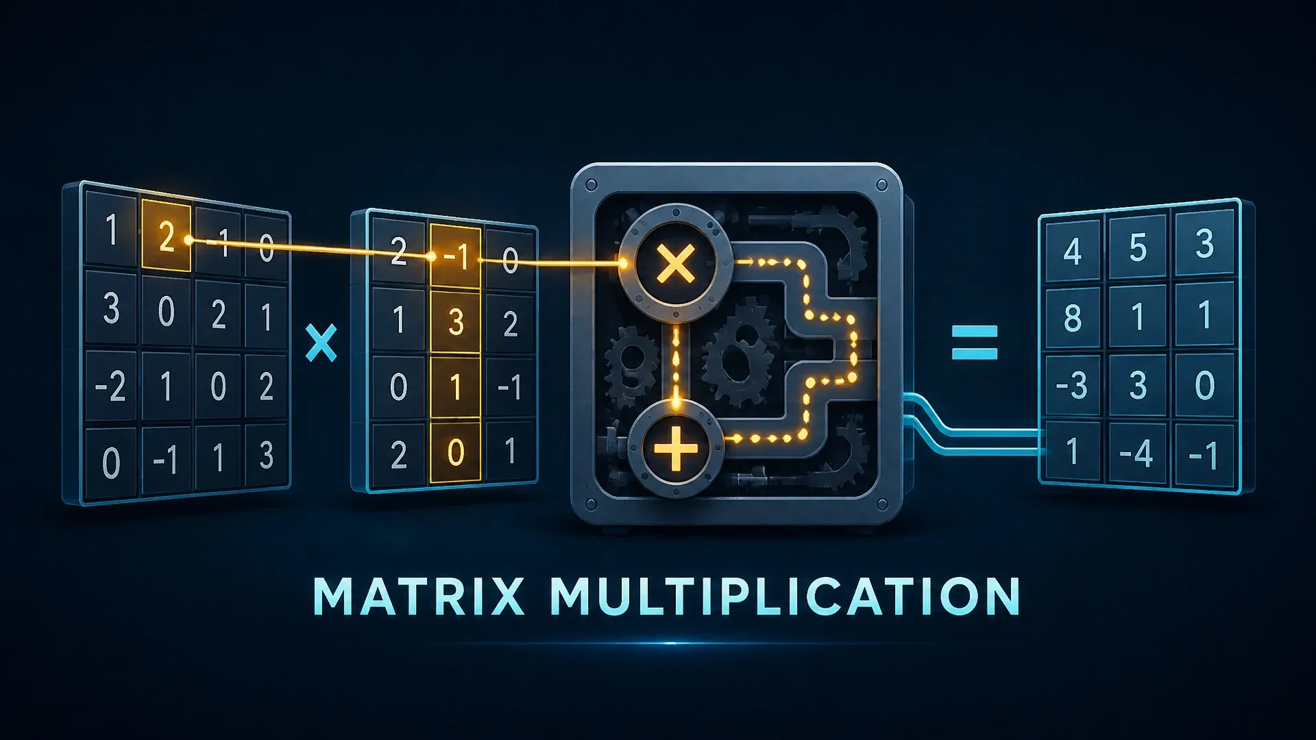 Two numerical matrices pass through multiplication and addition machinery to produce an output matrix.