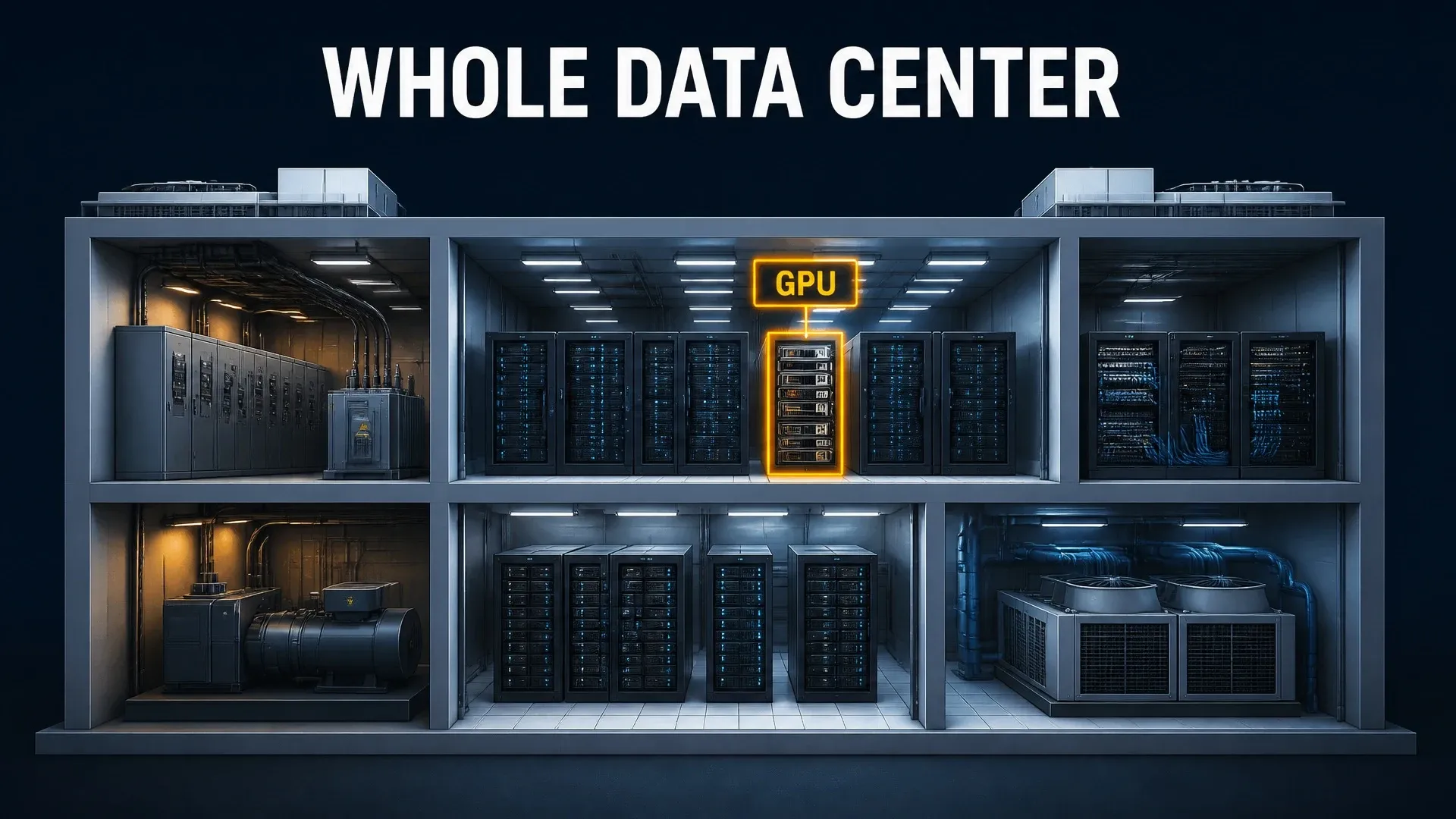 A cutaway data center shows GPU racks alongside power equipment, servers, networking, and cooling systems.