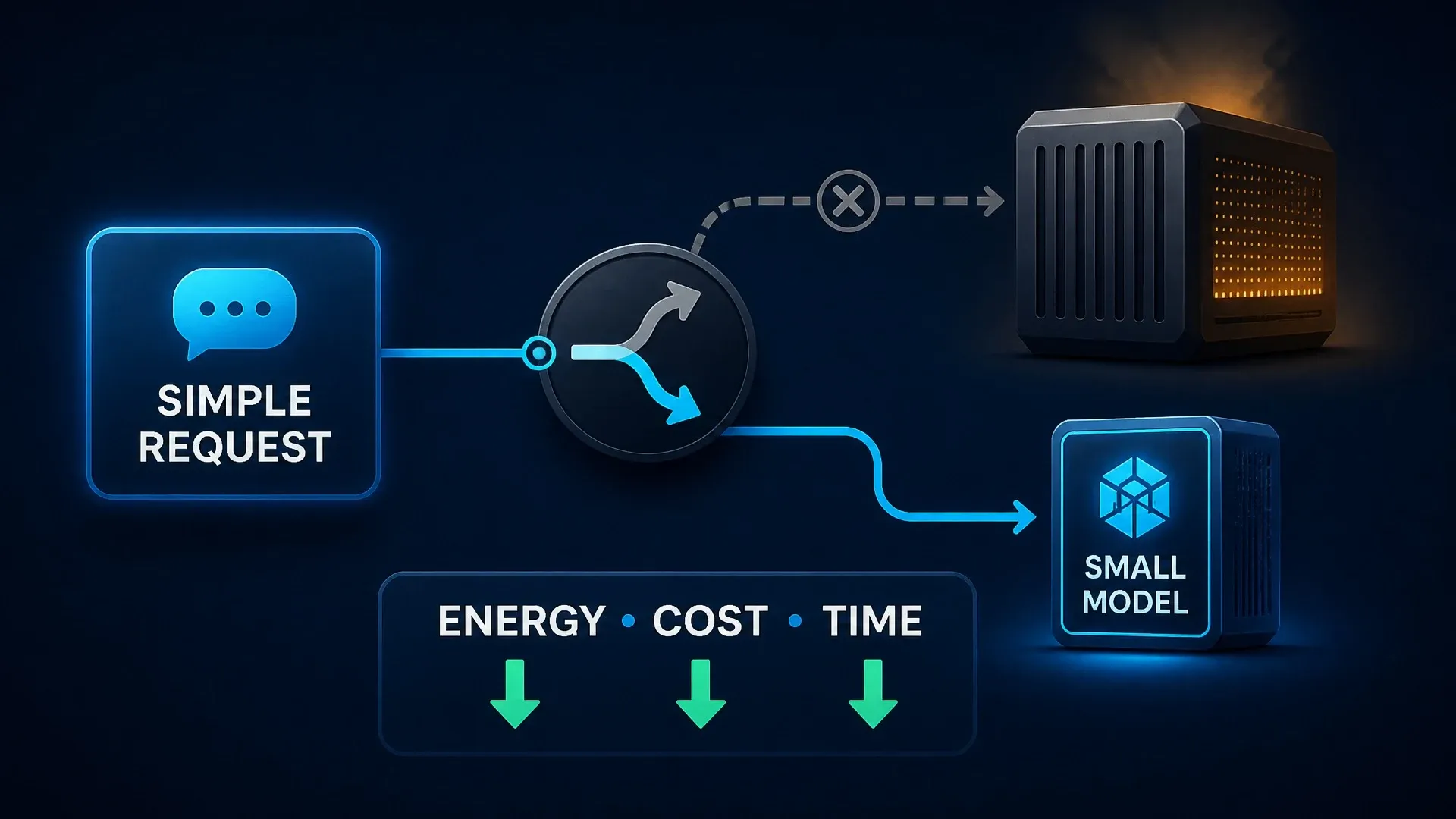 A simple request is routed away from a large server toward a smaller model to reduce energy, cost, and time.