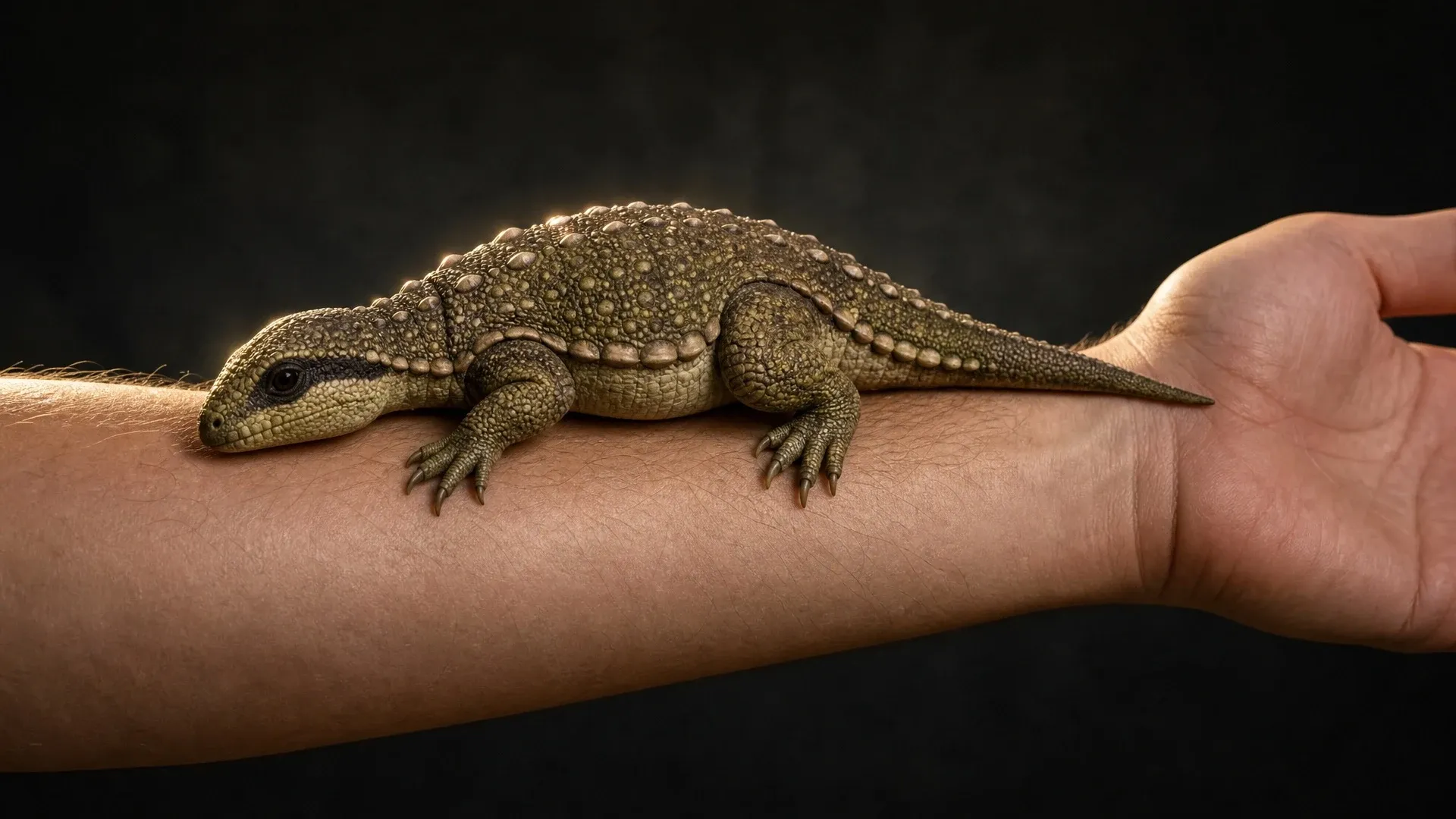 A tiny armored Liaoningosaurus reconstruction resting across a person's forearm to show its juvenile scale.
