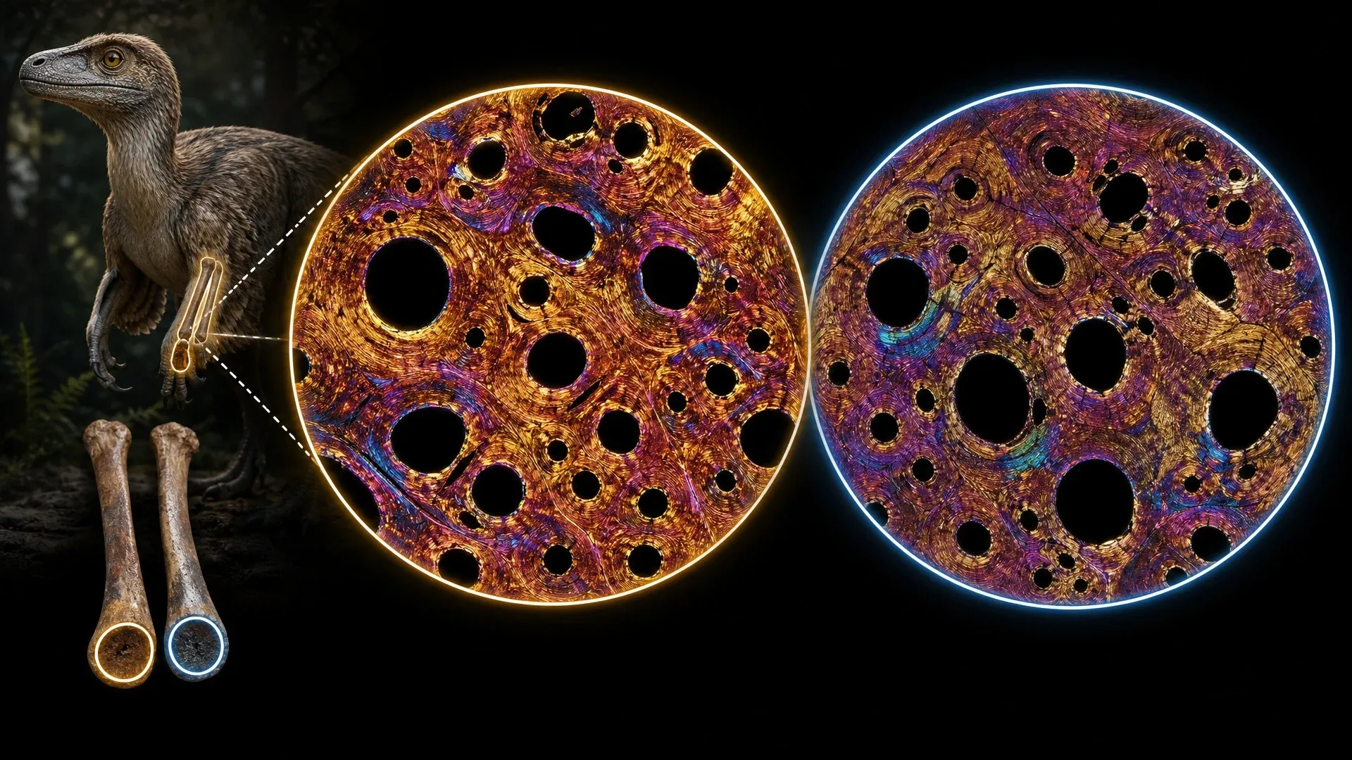 Two magnified fossil bone cross-sections showing different vessel spaces and tissue patterns used to assess growth.