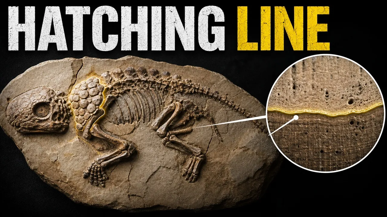 A tiny armored dinosaur fossil beside a magnified bone section marking the microscopic hatching line.
