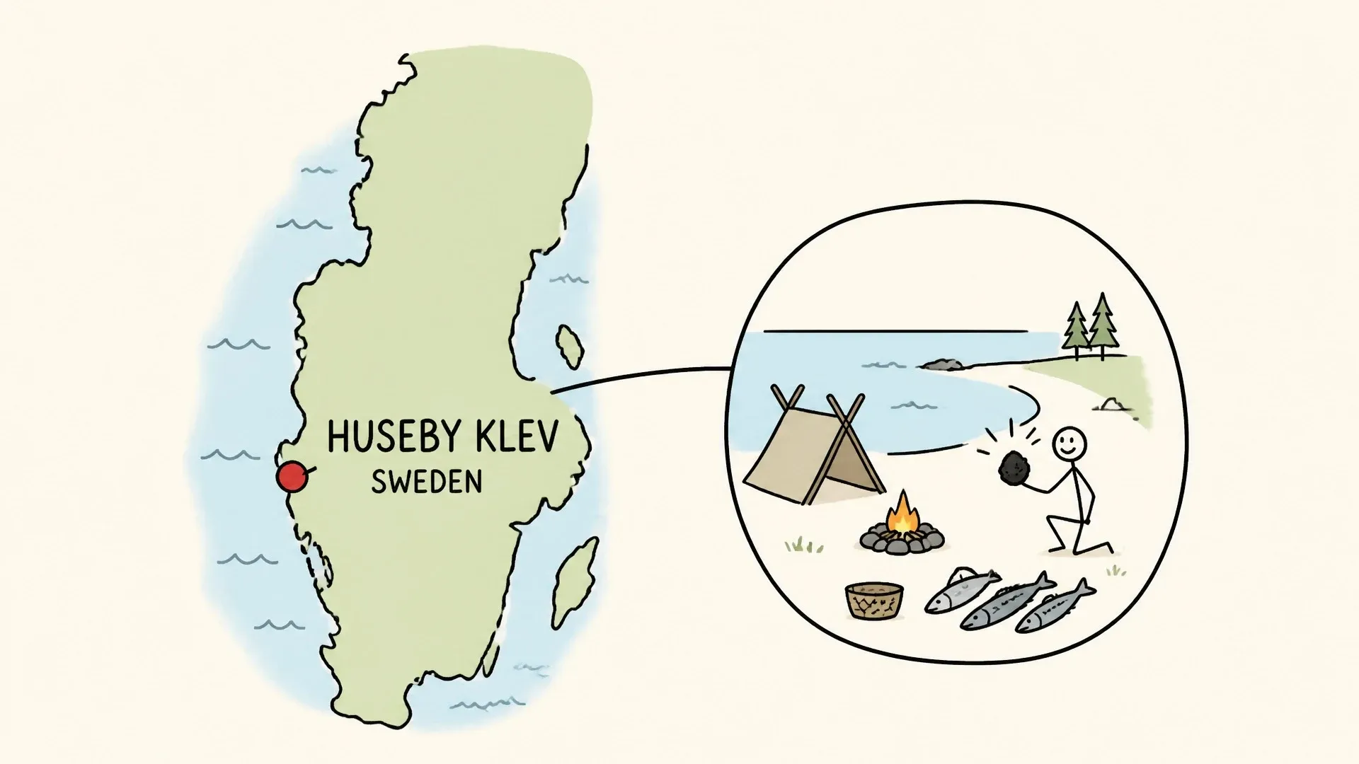 A map of Scandinavia marking the Huseby Klev archaeological site on Sweden's west coast.