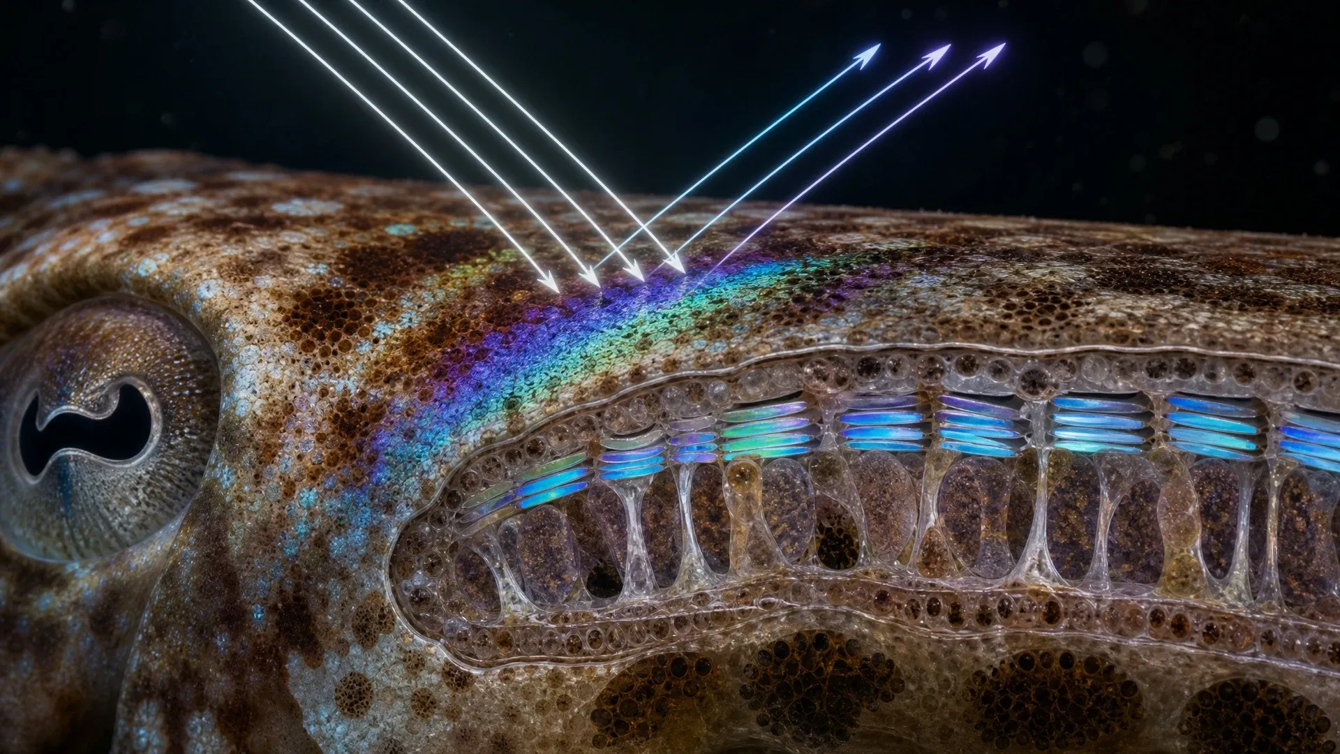 Cuttlefish eye and skin shown in cutaway while differently oriented light rays reflect from the body.