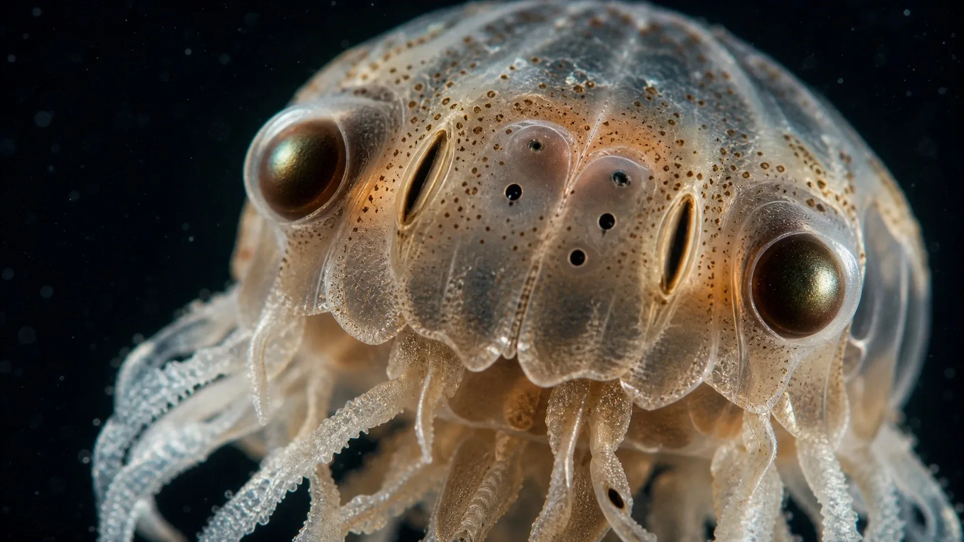 Close view of one box jellyfish rhopalium showing large lens eyes alongside smaller slit and pit eyes.