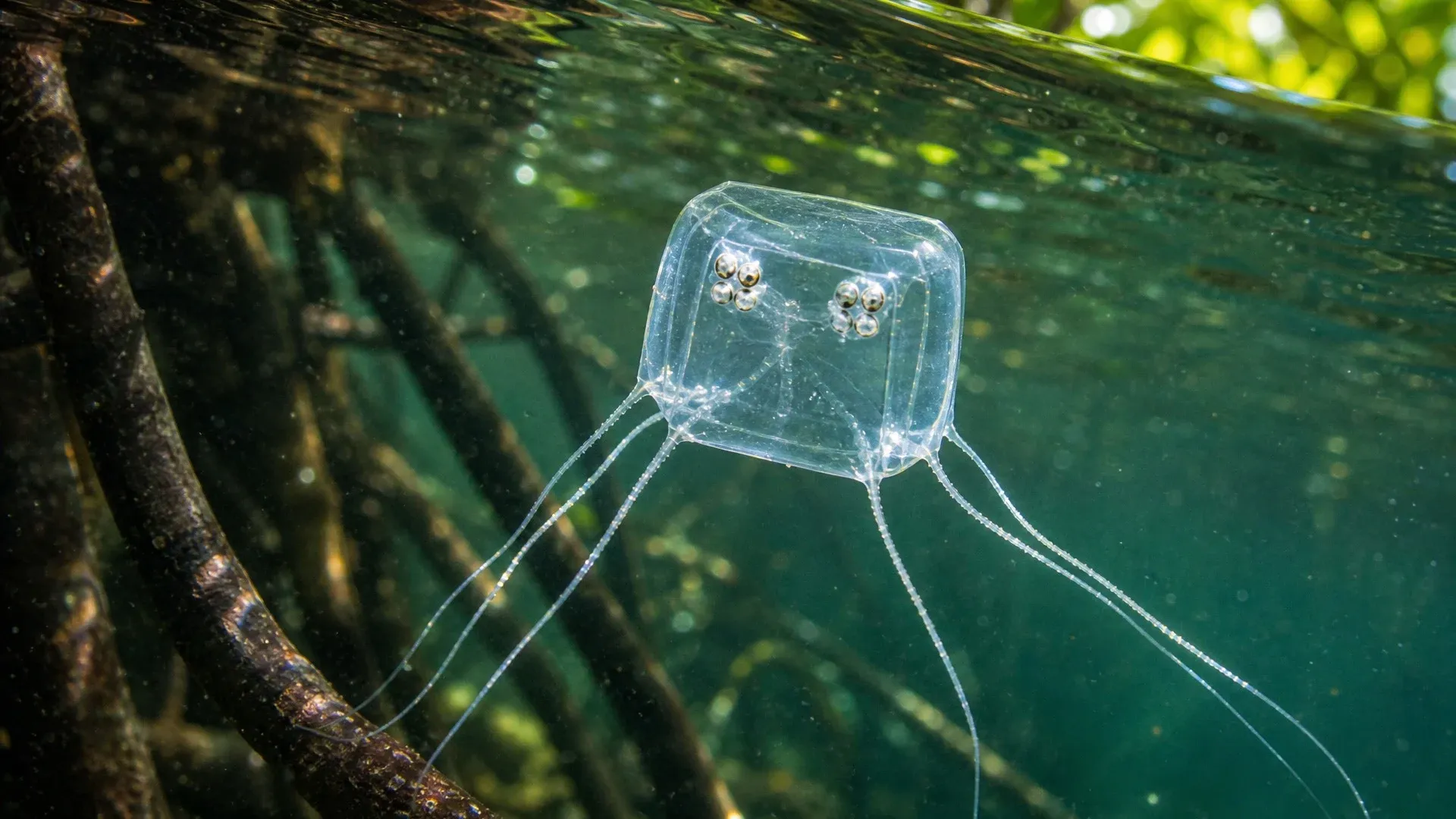 A box jellyfish swims among mangrove roots where overhead canopy and nearby obstacles provide visual cues.