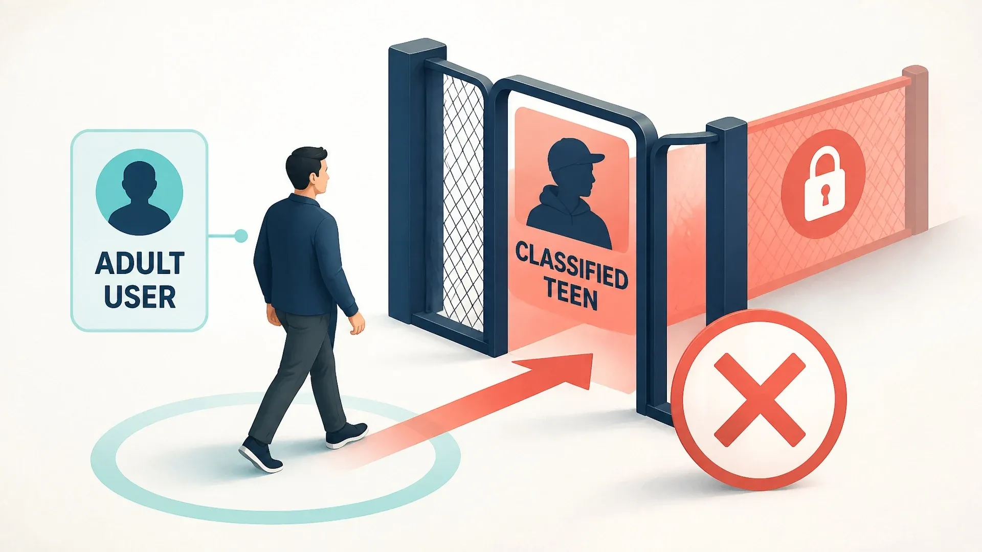 An adult user is incorrectly routed through a gate labeled classified teen while another account passes.