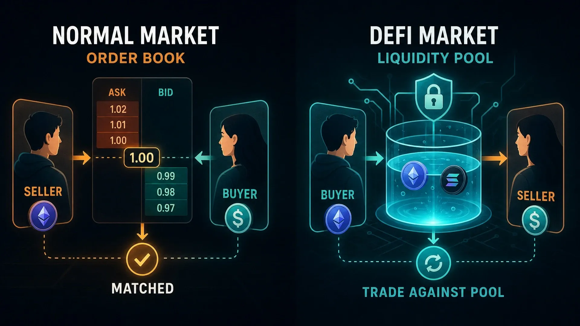 A traditional order book matches a buyer and seller while a DeFi market sends a trader directly to a smart-contract liquidity pool.