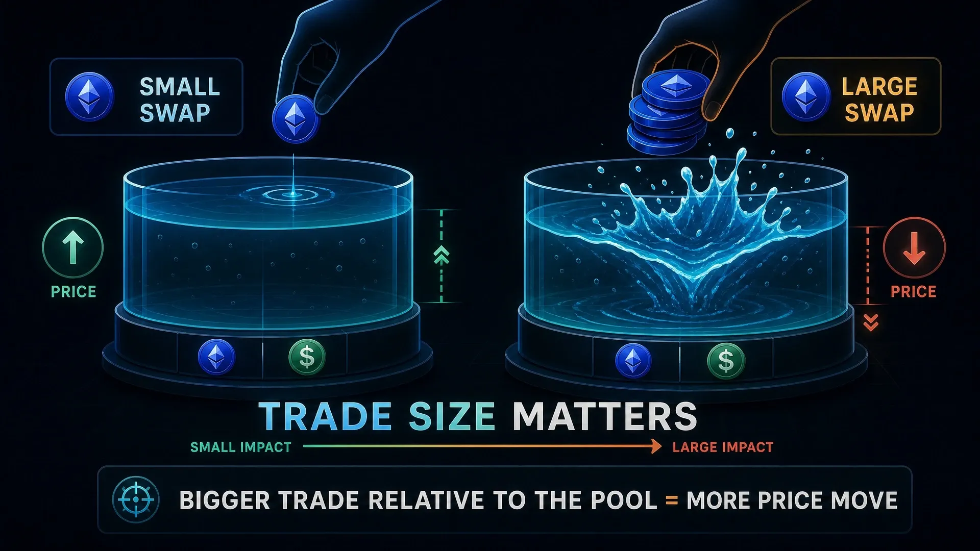 A small token swap barely disturbs a liquidity pool while a large swap creates a much larger wave and price movement.