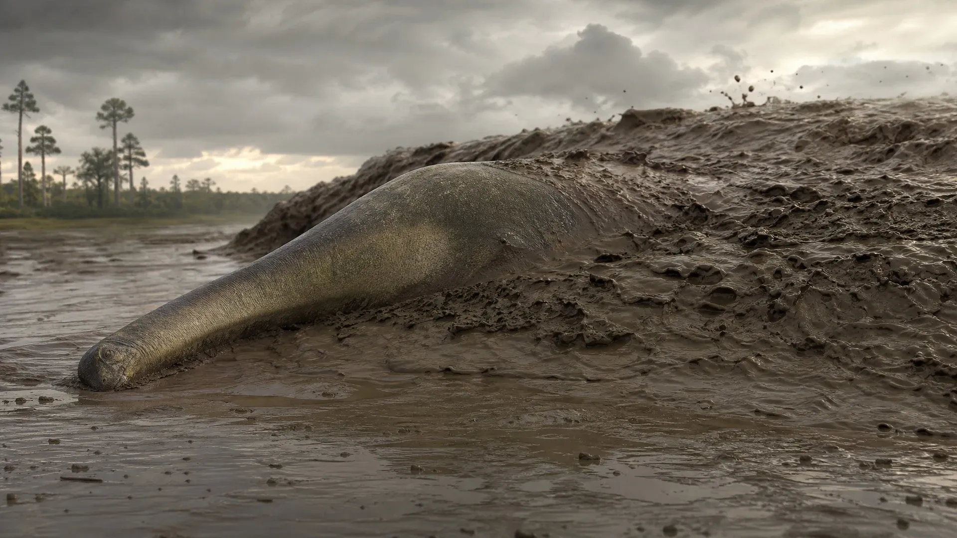 A dinosaur carcass partly covered by fresh river sediment as a storm builds over a floodplain.