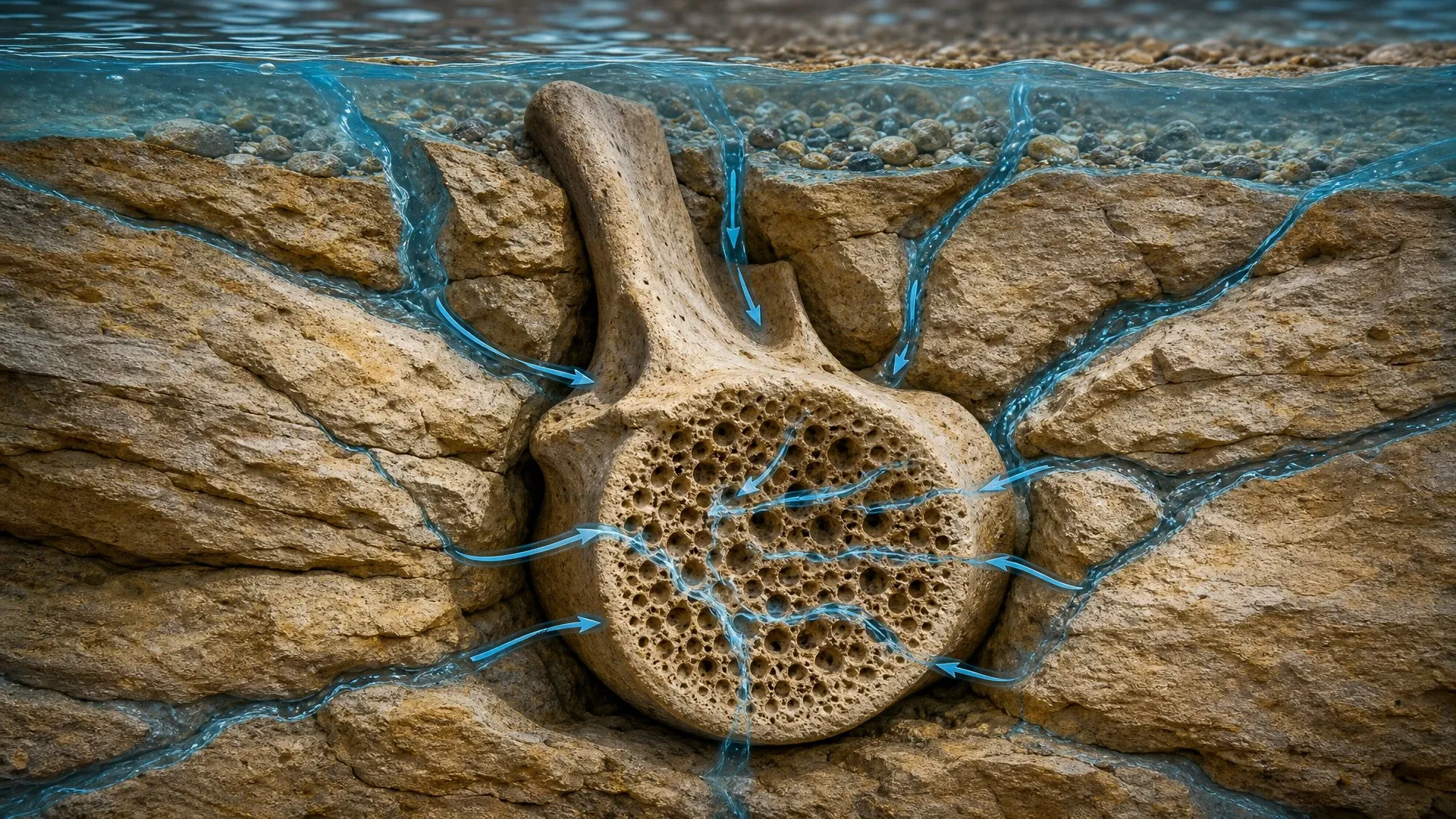 Blue groundwater pathways converging on the porous interior of a dinosaur vertebra buried in layered rock.